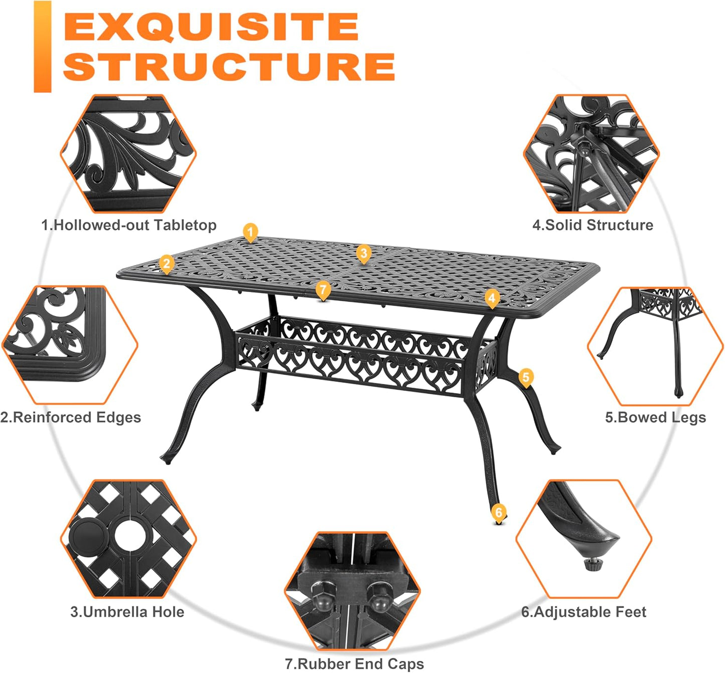 NUU GARDEN 60" Outdoor Dining Table with 2.09" Umbrella Hole, All Weather Cast Aluminum Outdoor Patio Table, 6-8 Person Rectangle Dining Table, Backyard Bistro Table for Garden, Poolside, Black