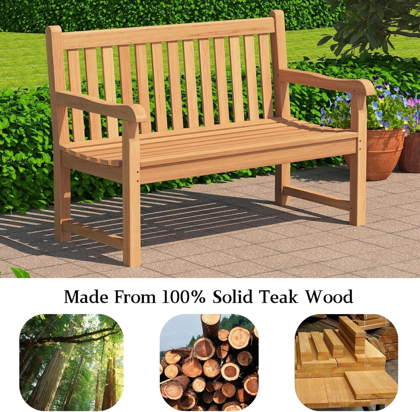 Outdoor Teak Bench, Park Bench for 2 People, Ergonomic Patio Seating, Weather-Resistant and Durable Design, Perfect for Yard, or Porch.