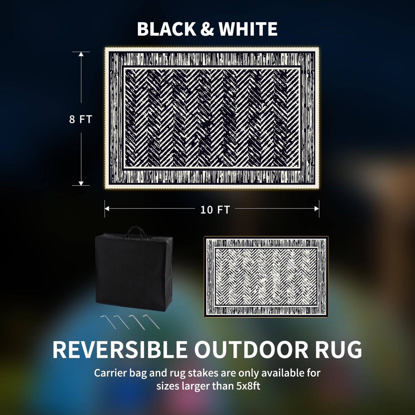 COCOER Outdoor Rug-8x10 Waterproof Patio Rug with LED Strip Lights-Reversible Outdoor Carpet Plastic Straw Outside Rug for RV Porch Balcony