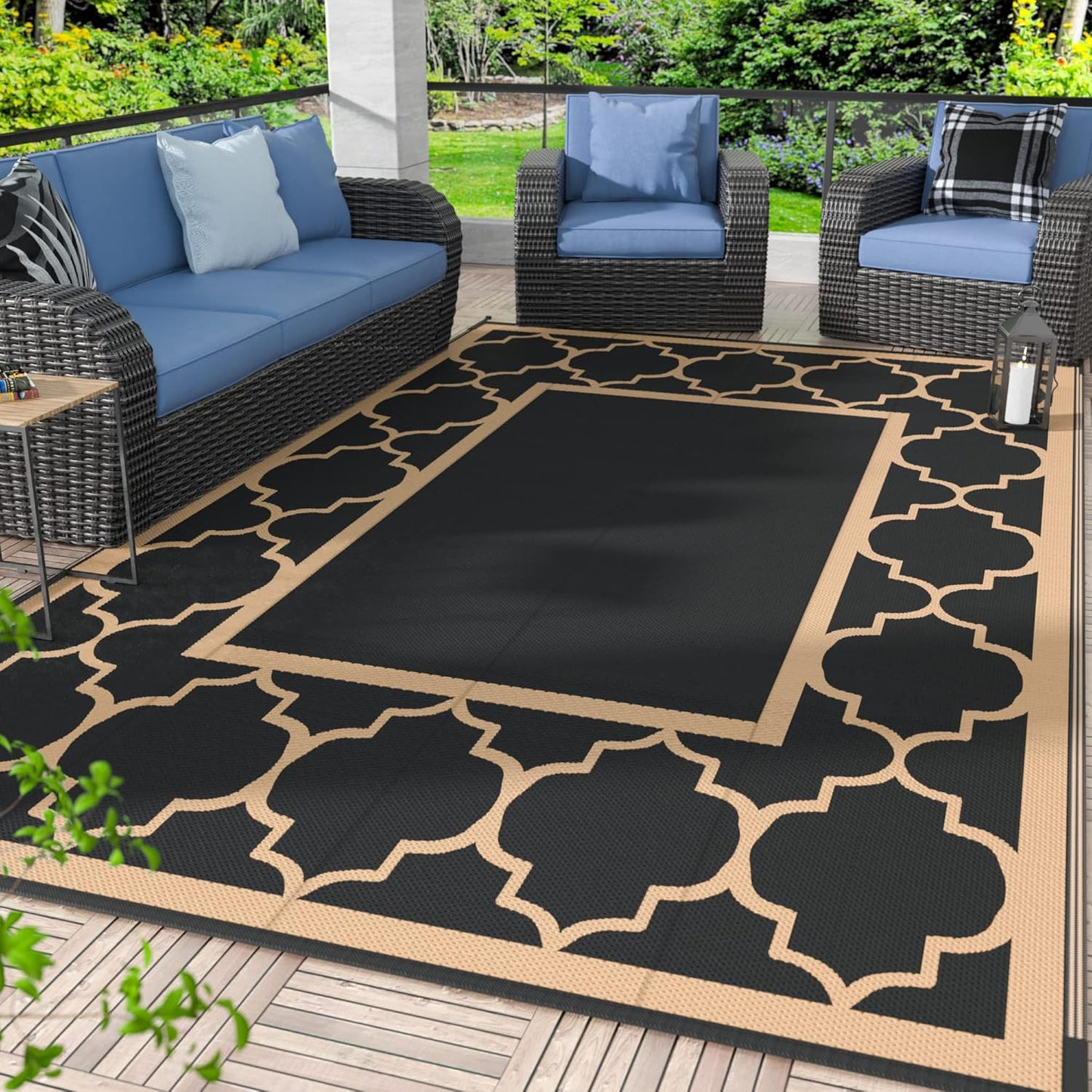 GENIMO 6' x 9' Outdoor Rug Waterproof for Patio Decor, Foldable Reversible Plastic Straw Area Rugs Mat with String Light, Led Carpet for Camper, Rv, Deck, Porch, Picnic, Beach, Balcony, Blue & White