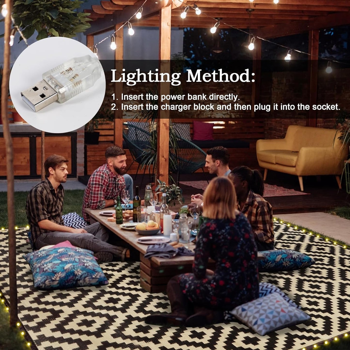 SAND MINE Reversible Mats with Led Strip Lights, Plastic Straw Rug, Modern Area Rug, Large Floor Mat for Outdoors, Patio, Backyard, Deck, Picnic, Camping, Black & Beige, 8' x 10'