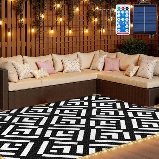 Outdoor Rug 6x9Ft, Solar Powered Outdoor Camping Rug with 94LEDs Strip Lights, Waterproof Plastic Reversible Outdoor Straw Rugs, Rugs Mat for RV Camping Patio Beach Balcony House Deck Picnic