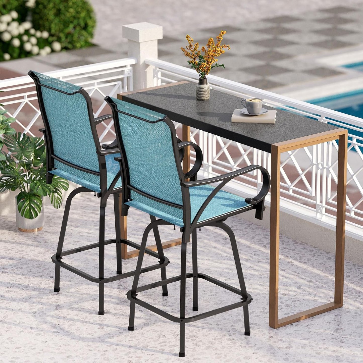 PHI VILLA Outdoor Patio Bar Dining Table for 6, 40" High Top Rectangle Metal Steel Table with 1.97" Umbrella Hole for Garden, Yard and Deck, Black