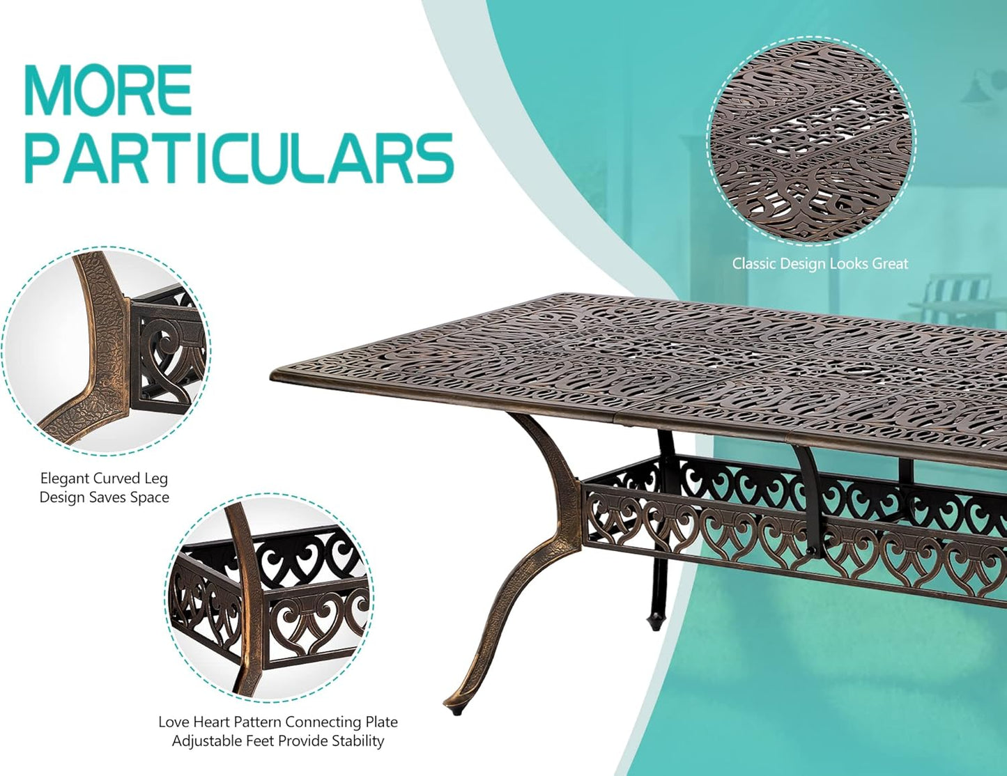 TITIMO 87'' Patio Dining Table, Cast Aluminum Outdoor Rectangle Dining Table, Weather-Resistant Table with 2" Umbrella Hole, Lawn Backyard Garden