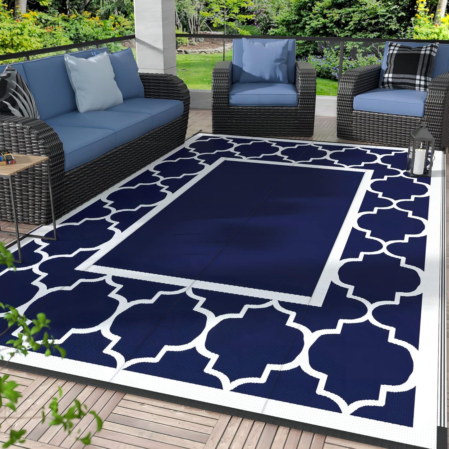GENIMO 6' x 9' Outdoor Rug Waterproof for Patio Decor, Foldable Reversible Plastic Straw Area Rugs Mat with String Light, Led Carpet for Camper, Rv, Deck, Porch, Picnic, Beach, Balcony, Blue & White