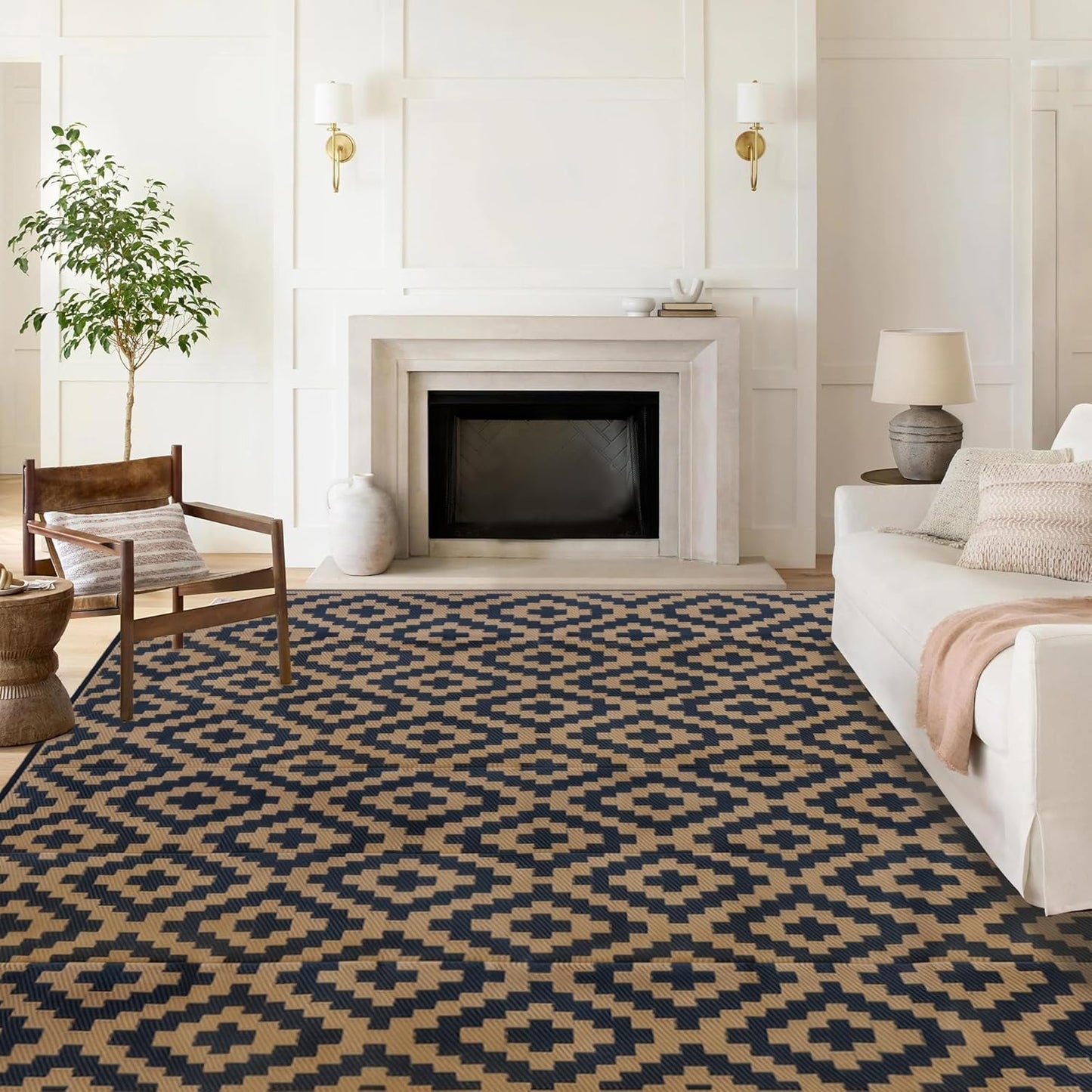 SAND MINE Reversible Mats with Led Strip Lights, Plastic Straw Rug, Modern Area Rug, Large Floor Mat for Outdoors, Patio, Backyard, Deck, Picnic, Camping, Black & Beige, 8' x 10'