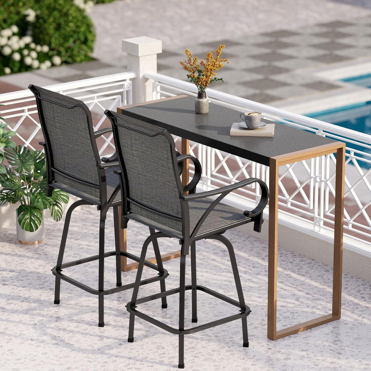 PHI VILLA Outdoor Patio Bar Dining Table for 6, 40" High Top Rectangle Metal Steel Table with 1.97" Umbrella Hole for Garden, Yard and Deck, Black