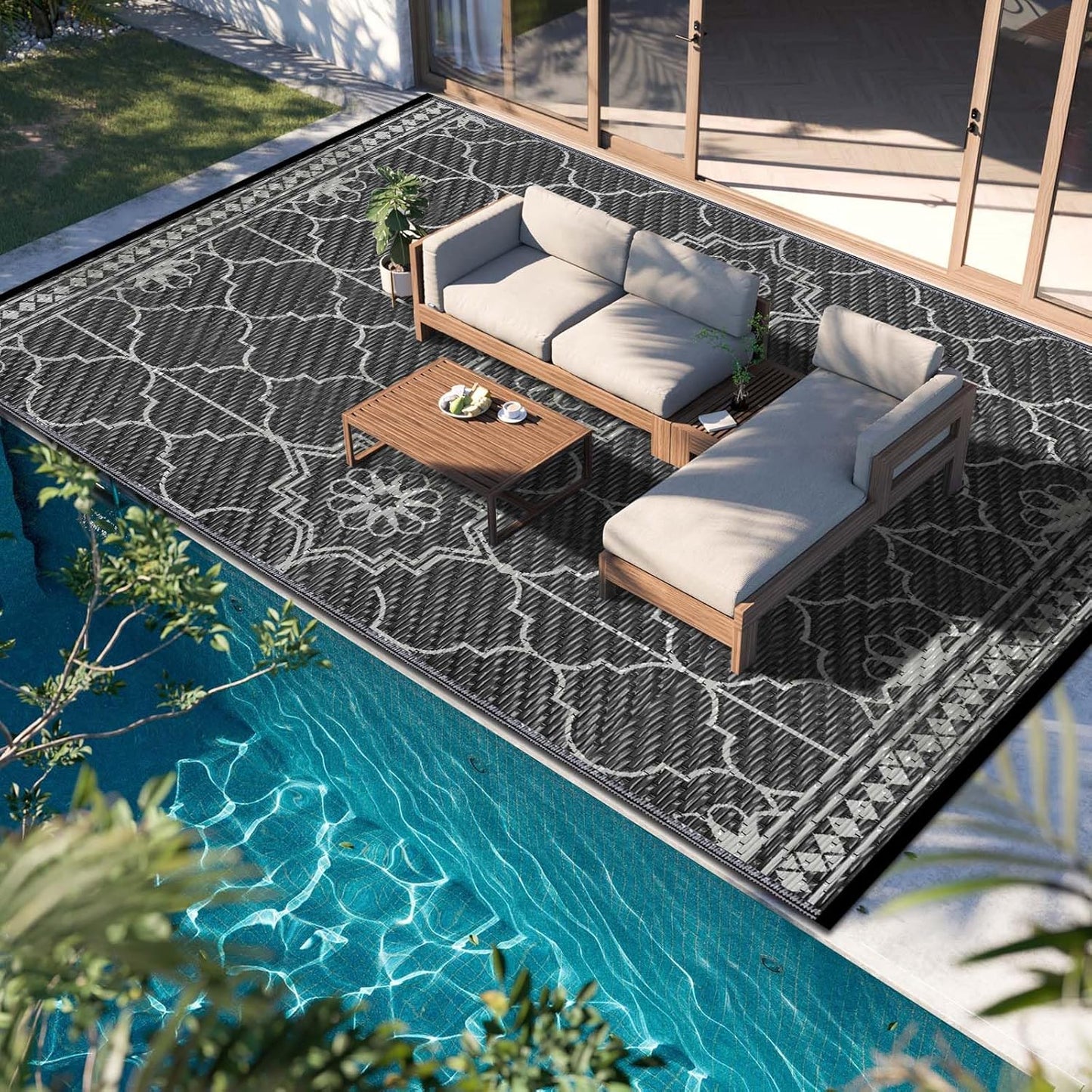 9x12Ft Outdoor Rug, Solar Powered Outdoor Rug with 131LEDs Strip Lights for House Deck, Waterproof Plastic Reversible Outdoor Straw Rugs, Rugs Mat RV Camping Patio Beach Balcony Picnic (Blue White)