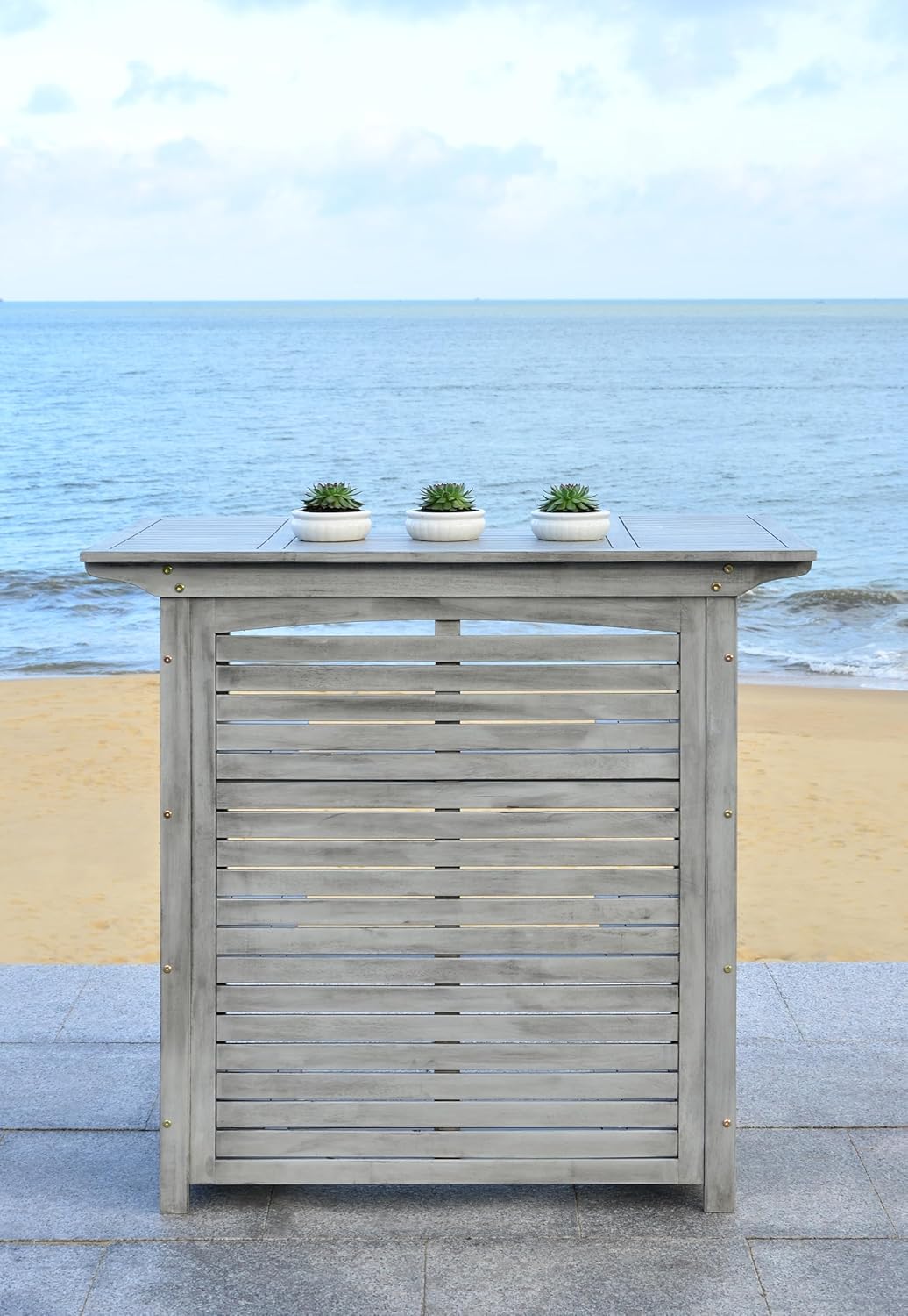 SAFAVIEH Outdoor Collection Monterey 42-inch Black Acacia Wood Slatted Bar Table
