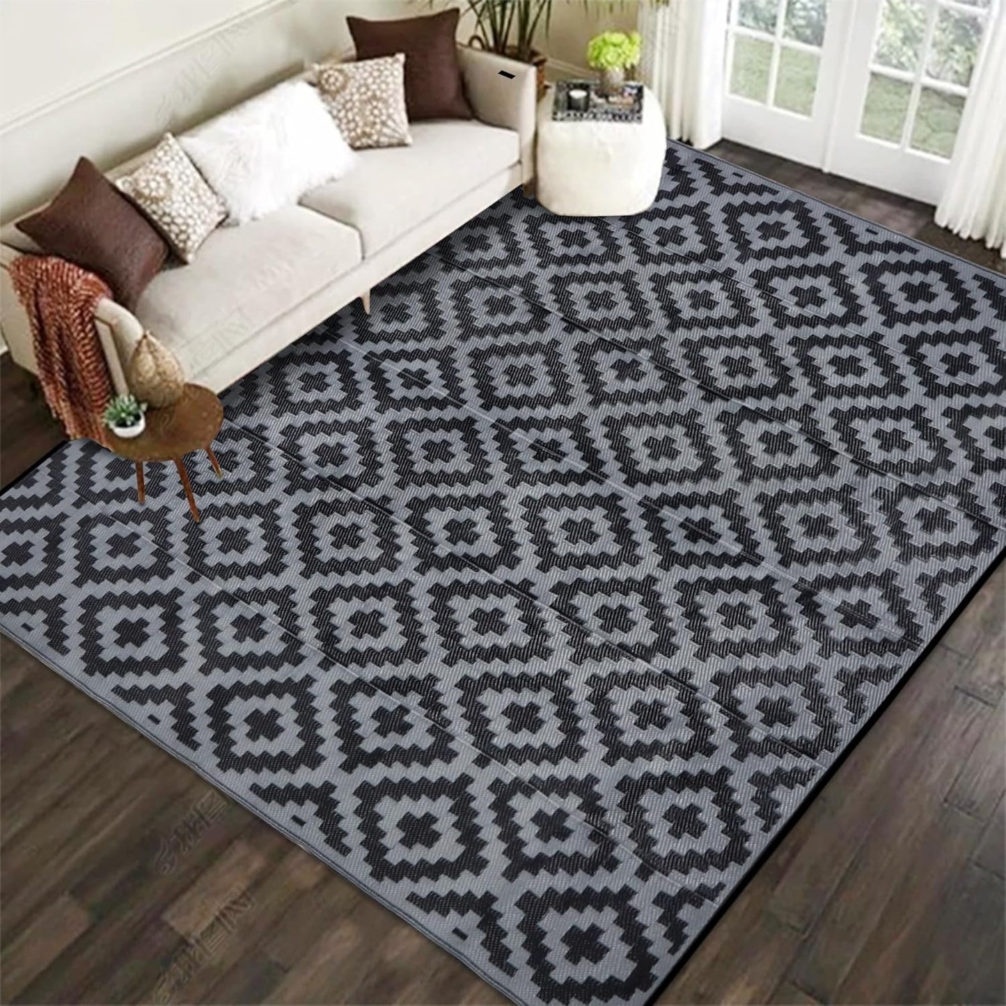 SAND MINE Reversible Mats with Led Strip Lights, Plastic Straw Rug, Modern Area Rug, Large Floor Mat for Outdoors, Patio, Backyard, Deck, Picnic, Camping, Black & Beige, 8' x 10'