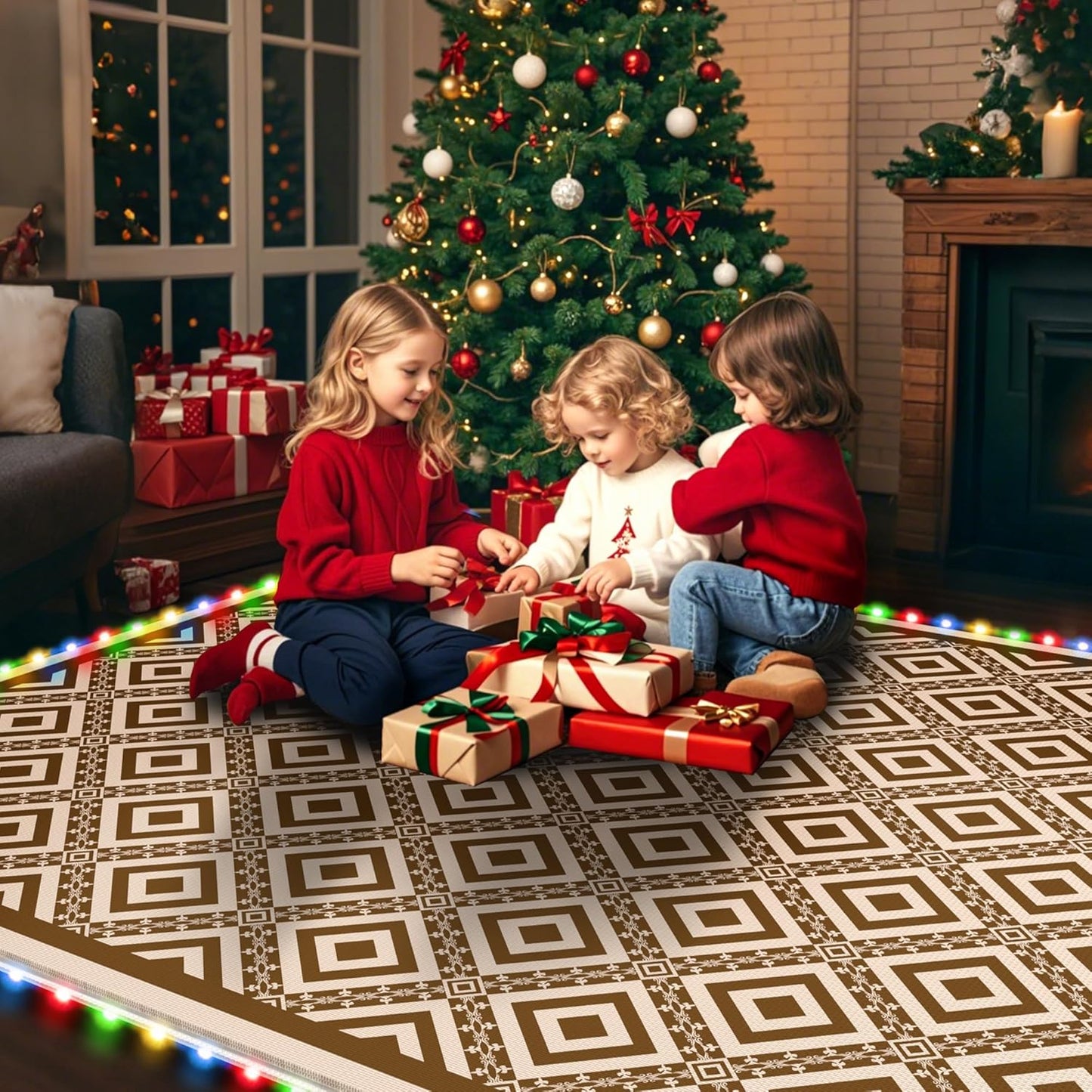 RV Outdoor Rug with Lights 8x10ft, Outdoor Camping Rug, Waterproof, Easy Cleaning, Non Shedding, Foldable and Portable, Reversible Mats for RV, Deck, Beach, Camping, Patio, Picnic (Brown & White)