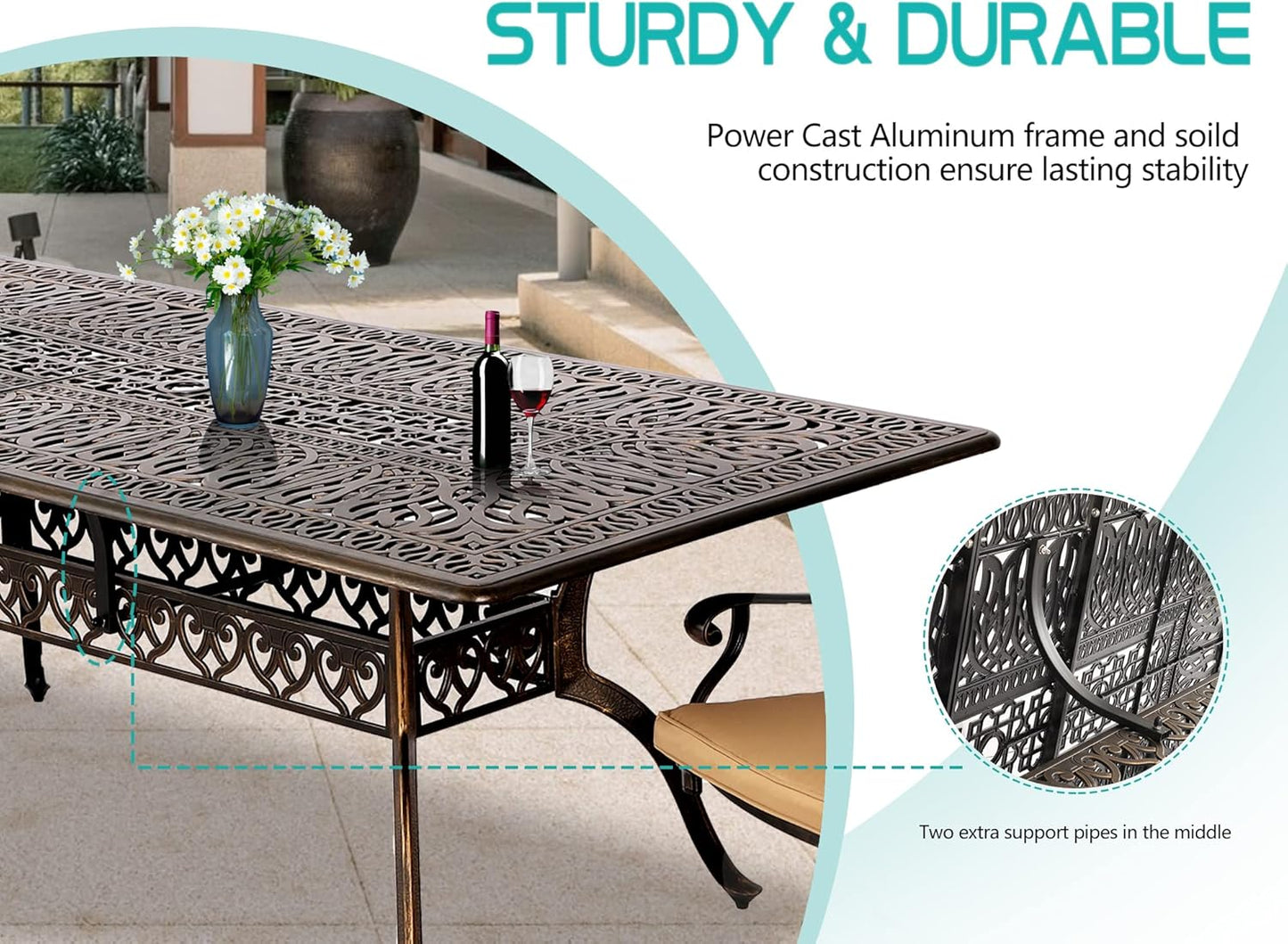 TITIMO 87'' Patio Dining Table, Cast Aluminum Outdoor Rectangle Dining Table, Weather-Resistant Table with 2" Umbrella Hole, Lawn Backyard Garden
