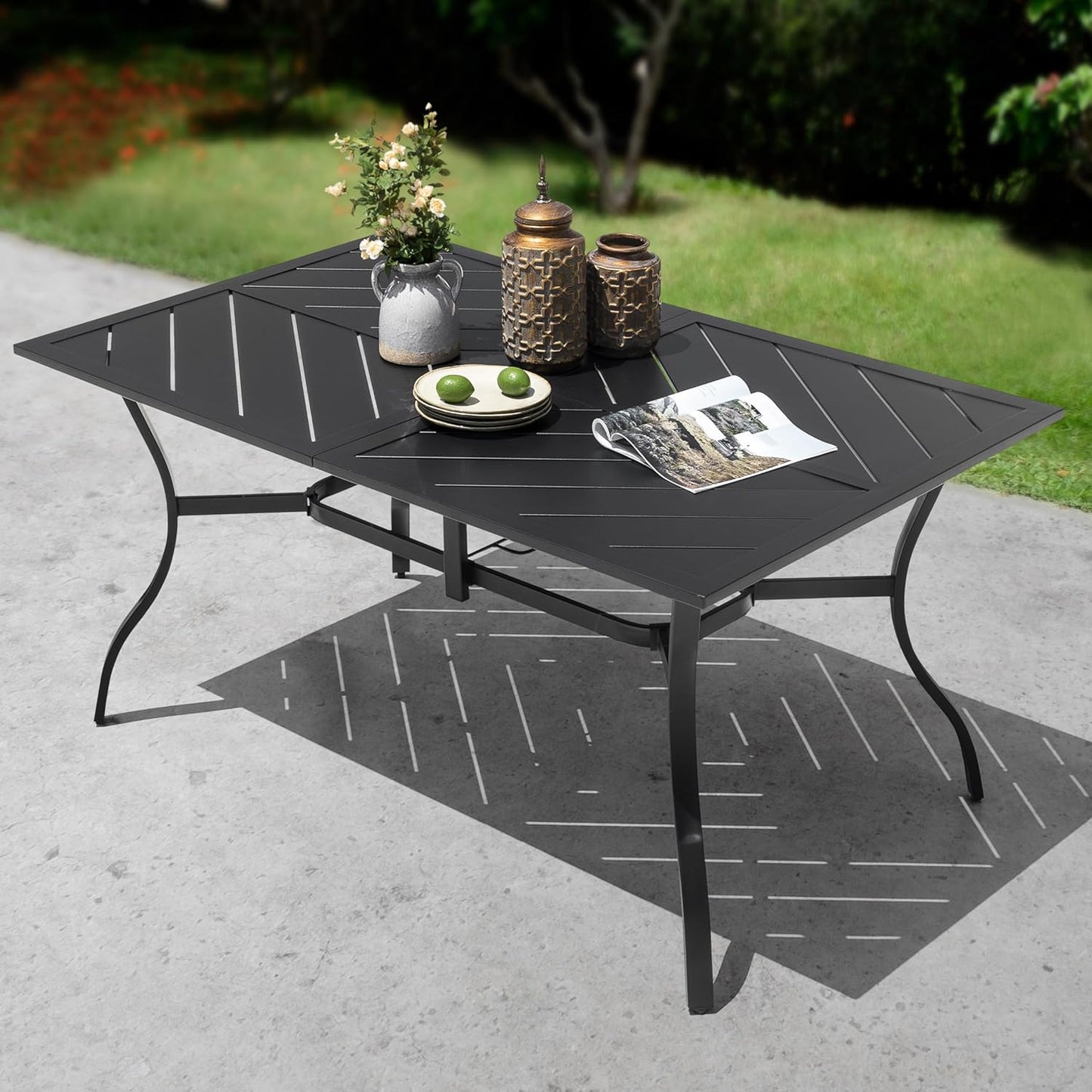 NUU GARDEN 60" Outdoor Dining Table with 2.09" Umbrella Hole, All Weather Cast Aluminum Outdoor Patio Table, 6-8 Person Rectangle Dining Table, Backyard Bistro Table for Garden, Poolside, Black