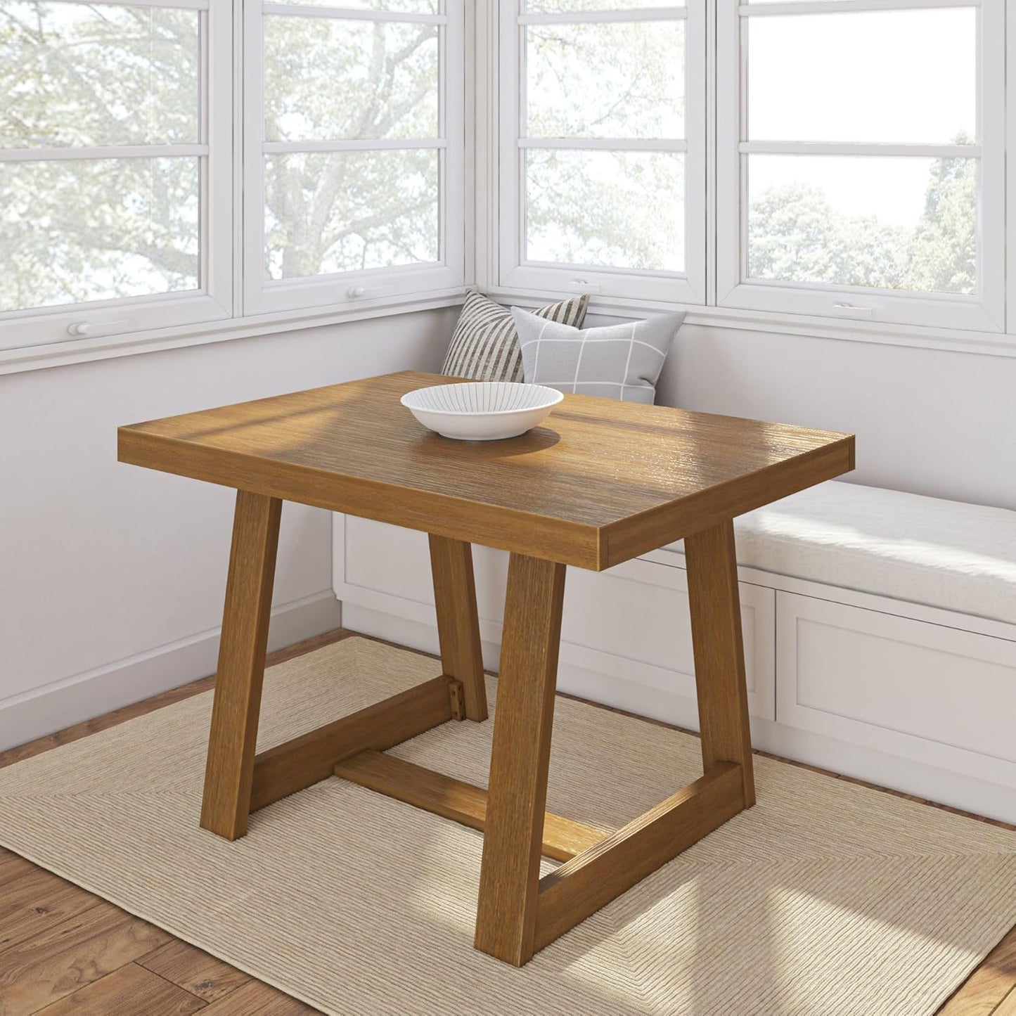 Plank+Beam 60 Inch Farmhouse Dining Bench, Solid Wood Entryway Bench, Wooden Outdoor Bench, Kitchen Dining Seat, Dining Room, Home Office, Living Room Furniture, Easy Assembly, Pecan Wirebrush