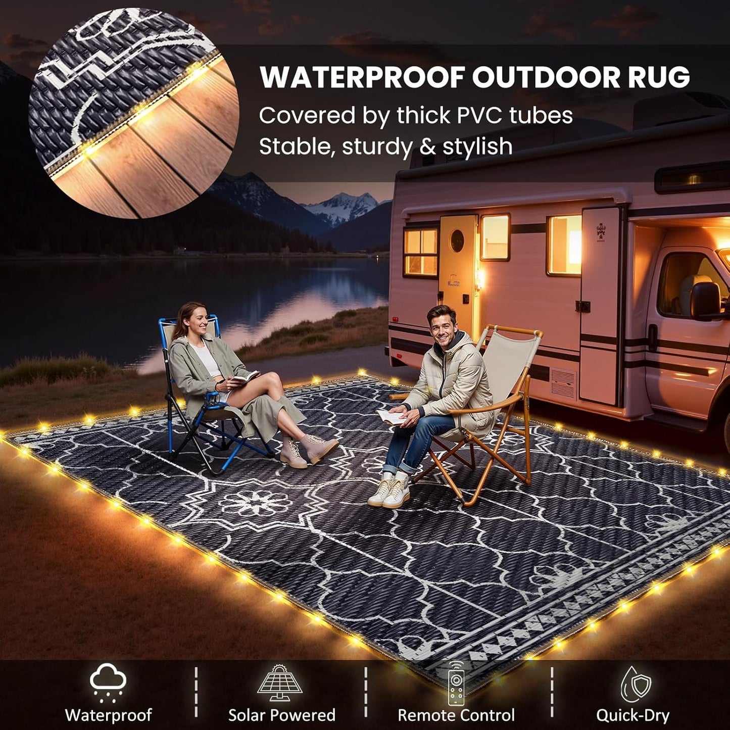 9x12Ft Outdoor Rug, Solar Powered Outdoor Rug with 131LEDs Strip Lights for House Deck, Waterproof Plastic Reversible Outdoor Straw Rugs, Rugs Mat RV Camping Patio Beach Balcony Picnic (Blue White)