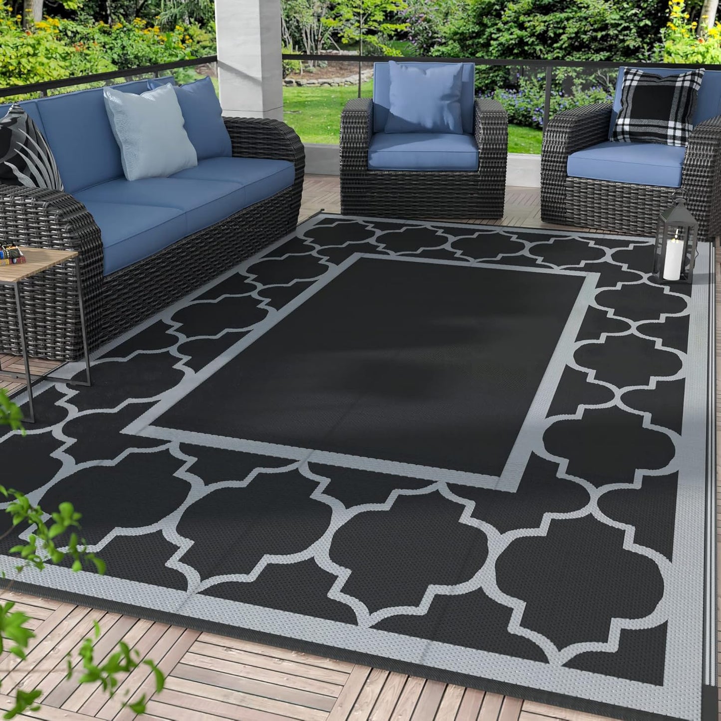 GENIMO 6' x 9' Outdoor Rug Waterproof for Patio Decor, Foldable Reversible Plastic Straw Area Rugs Mat with String Light, Led Carpet for Camper, Rv, Deck, Porch, Picnic, Beach, Balcony, Blue & White