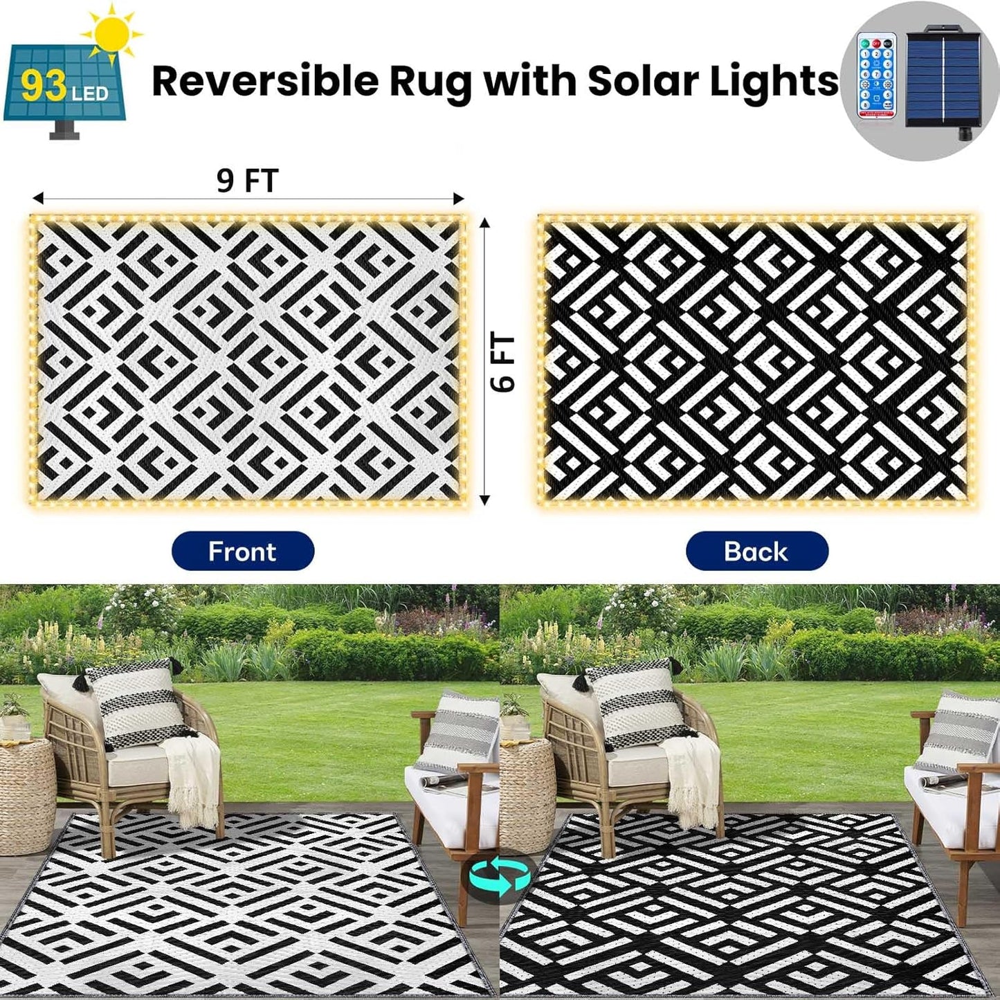 Outdoor Rug 6x9Ft, Solar Powered Outdoor Camping Rug with 94LEDs Strip Lights, Waterproof Plastic Reversible Outdoor Straw Rugs, Rugs Mat for RV Camping Patio Beach Balcony House Deck Picnic