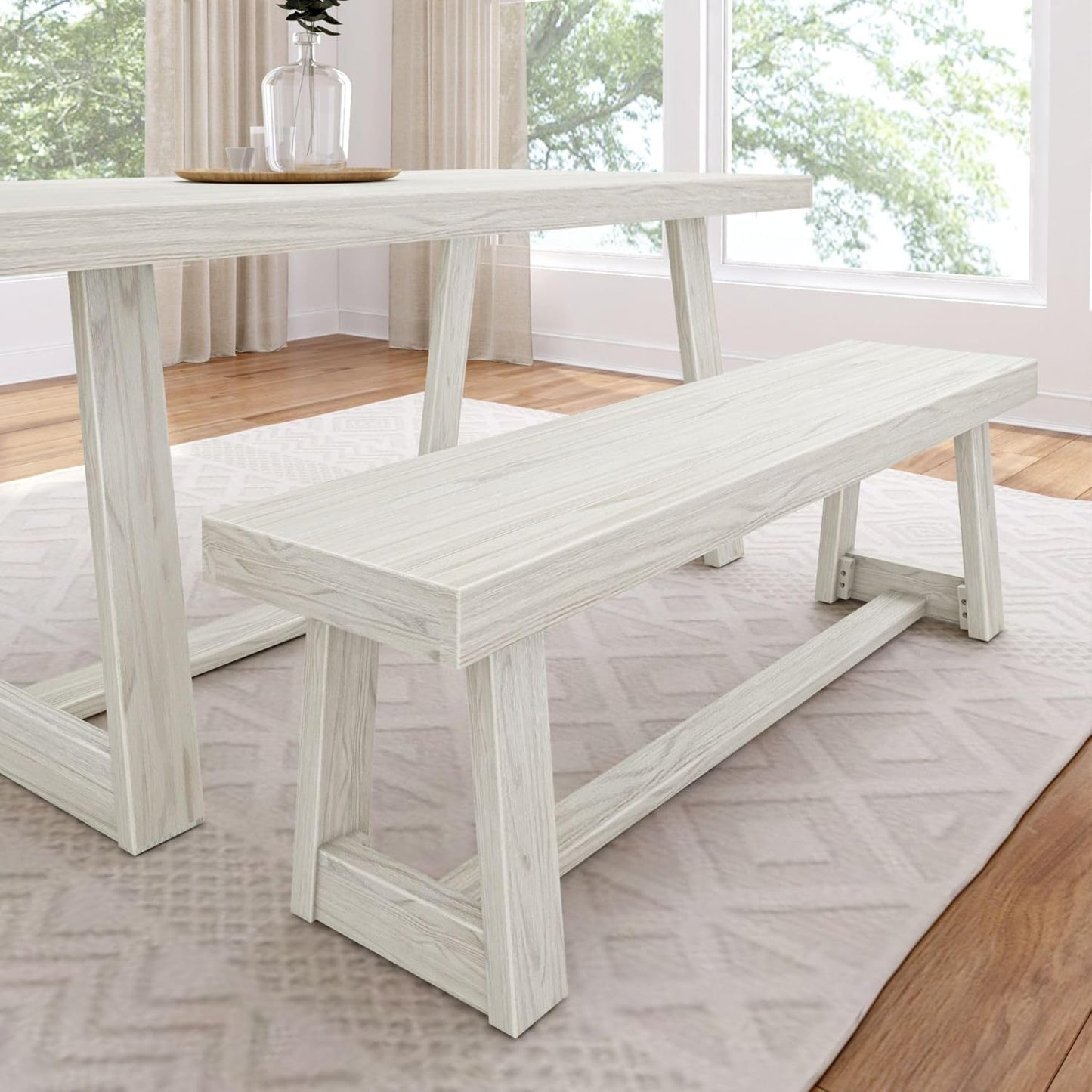 Plank+Beam 60 Inch Farmhouse Dining Bench, Solid Wood Entryway Bench, Wooden Outdoor Bench, Kitchen Dining Seat, Dining Room, Home Office, Living Room Furniture, Easy Assembly, Pecan Wirebrush