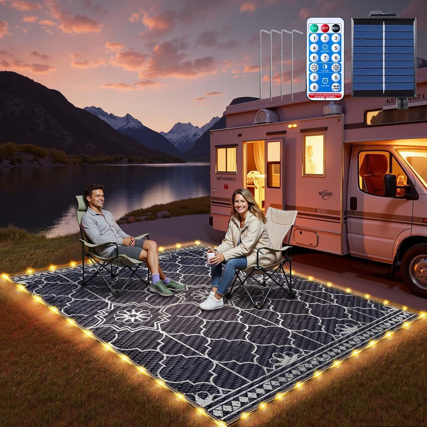 9x12Ft Outdoor Rug, Solar Powered Outdoor Rug with 131LEDs Strip Lights for House Deck, Waterproof Plastic Reversible Outdoor Straw Rugs, Rugs Mat RV Camping Patio Beach Balcony Picnic (Blue White)
