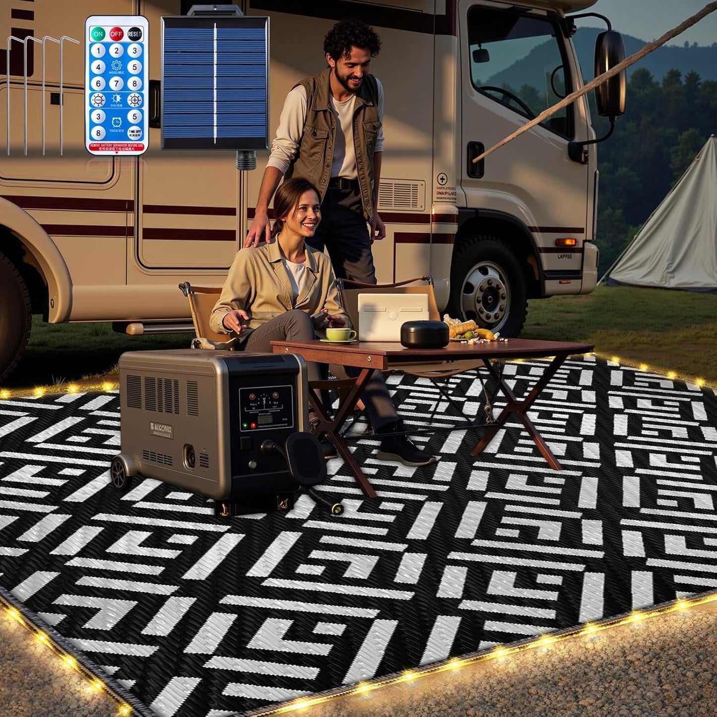 Outdoor Rug 6x9Ft, Solar Powered Outdoor Camping Rug with 94LEDs Strip Lights, Waterproof Plastic Reversible Outdoor Straw Rugs, Rugs Mat for RV Camping Patio Beach Balcony House Deck Picnic