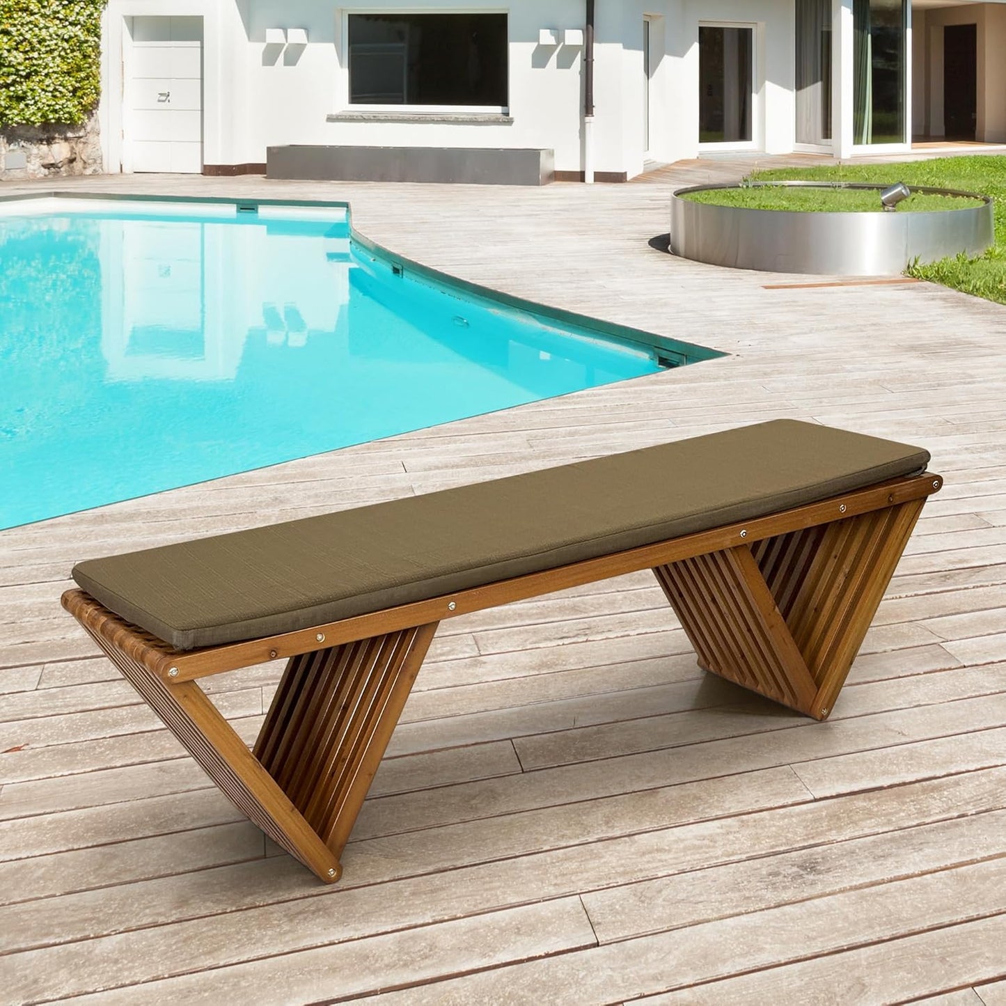 Mega Casa Outdoor Wooden Bench with Weatherproof Cushion, Solid Fir Wood, Coating with Wood Varnish, 3-Seater, for Patio, Porch, Yard, Garden, 62.8 inches (Teak Tone)