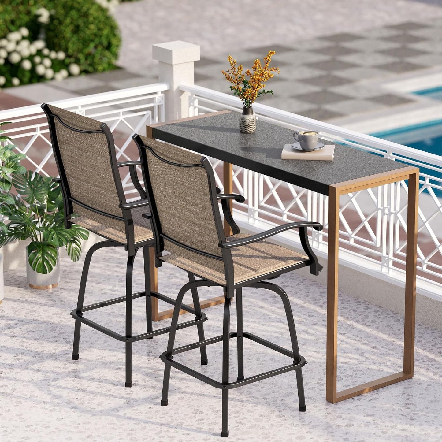 PHI VILLA Outdoor Patio Bar Dining Table for 6, 40" High Top Rectangle Metal Steel Table with 1.97" Umbrella Hole for Garden, Yard and Deck, Black
