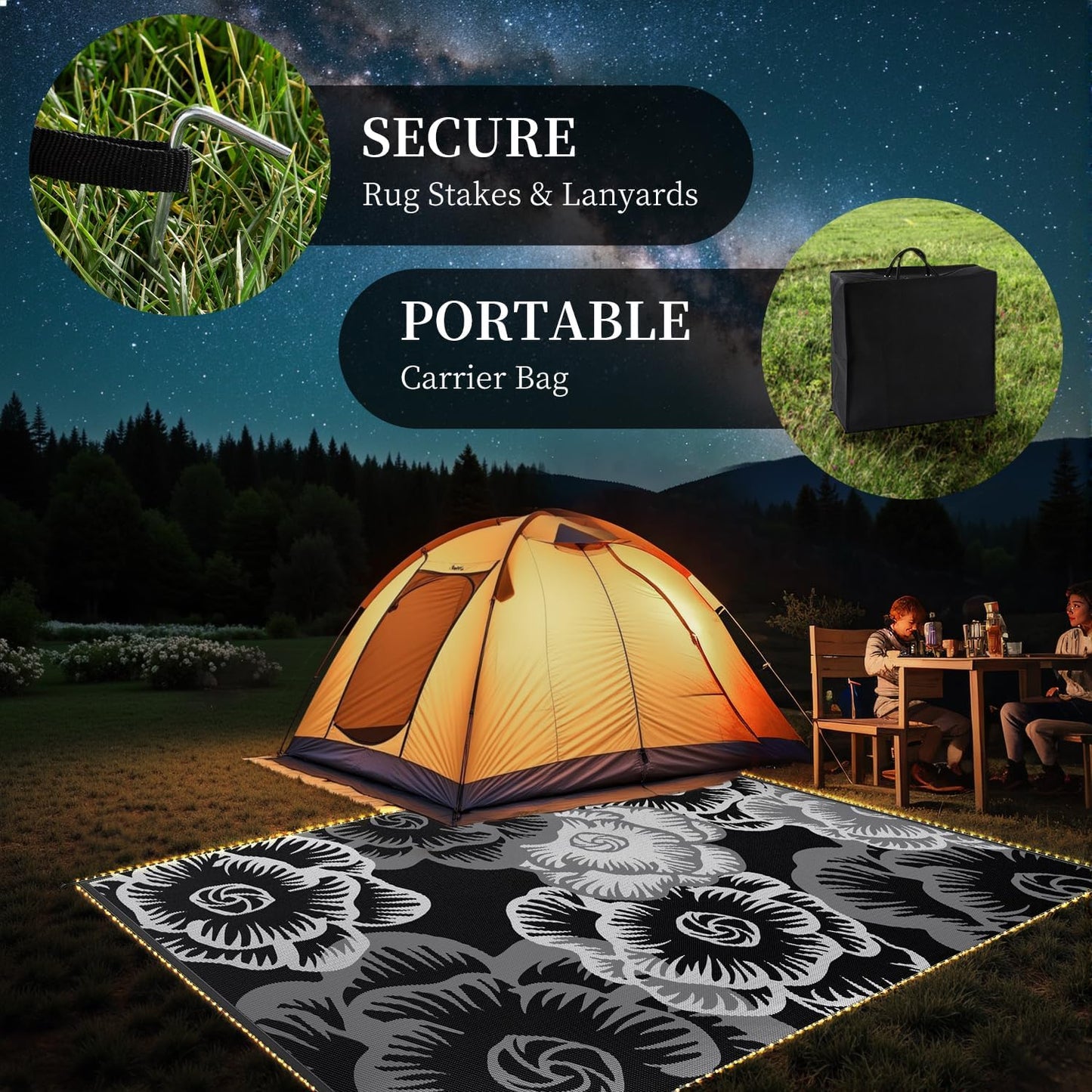 MontVoo Outdoor Rug with Led String Strip Lights 6x9ft Waterproof Outdoor Patio Rug Mat Reversible Plastic Straw Rug Outside Outdoor Rug for RV Camping Picnic Balcony Backyard Fairy Outdoor Decor