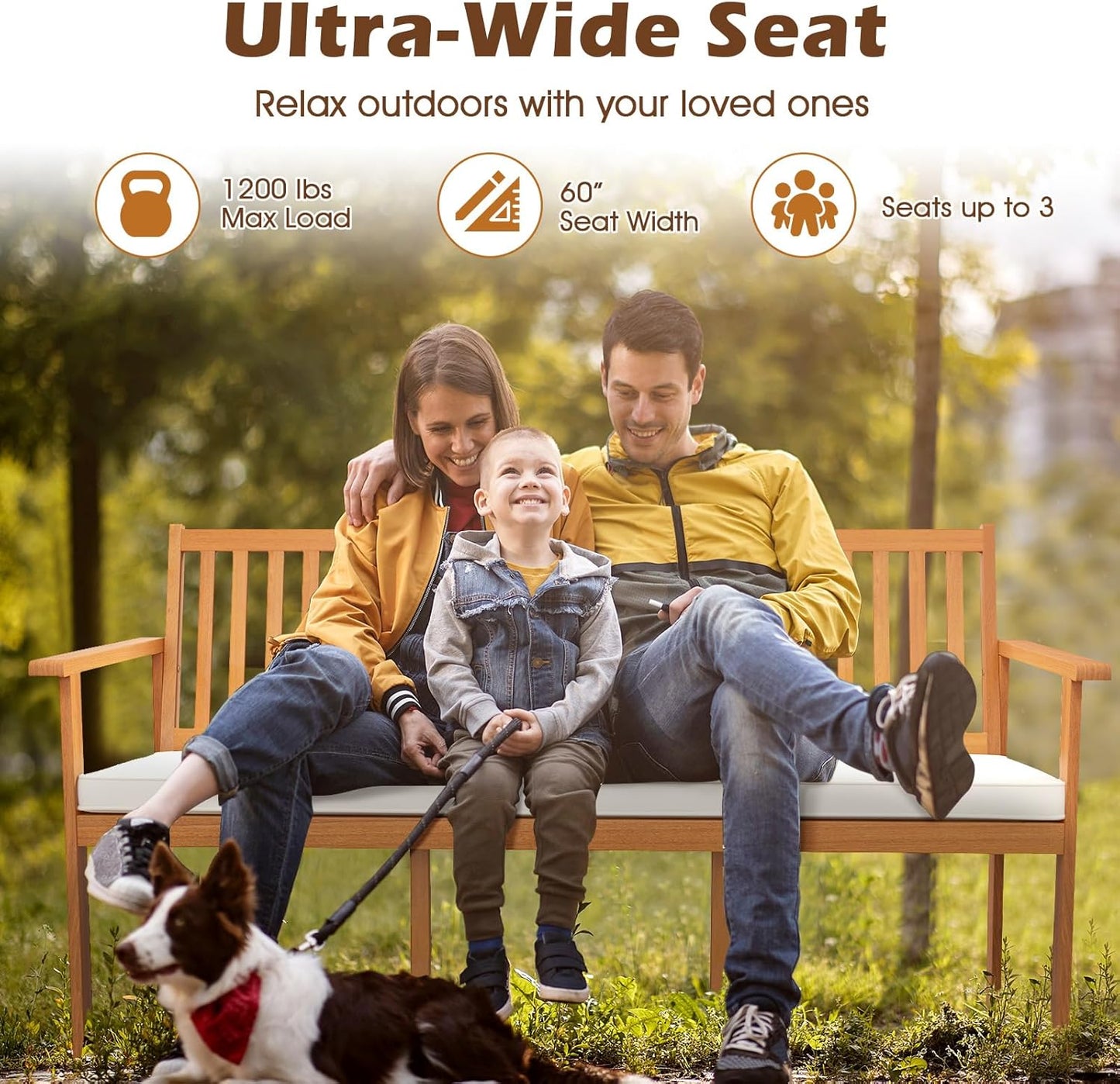 RELAX4LIFE 64’’ Outdoor Bench Acacia Wood - 3-Person Patio Bench w/Slatted Backrest, Armrests & Removable Seat Cushion, Wooden Front Porch Garden Bench for Poolside Balcony Backyard, 1200 LBS Capacity