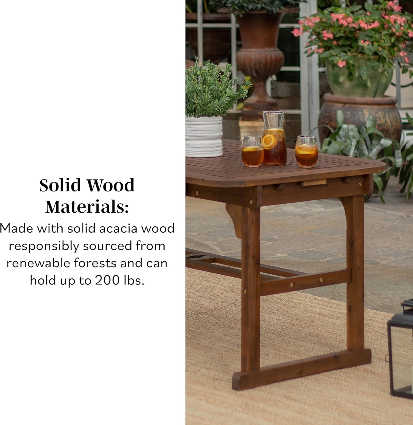 Walker Edison Maui Modern Solid Acacia Wood Slatted Patio Dining Table, 78 Inch, Dark Brown