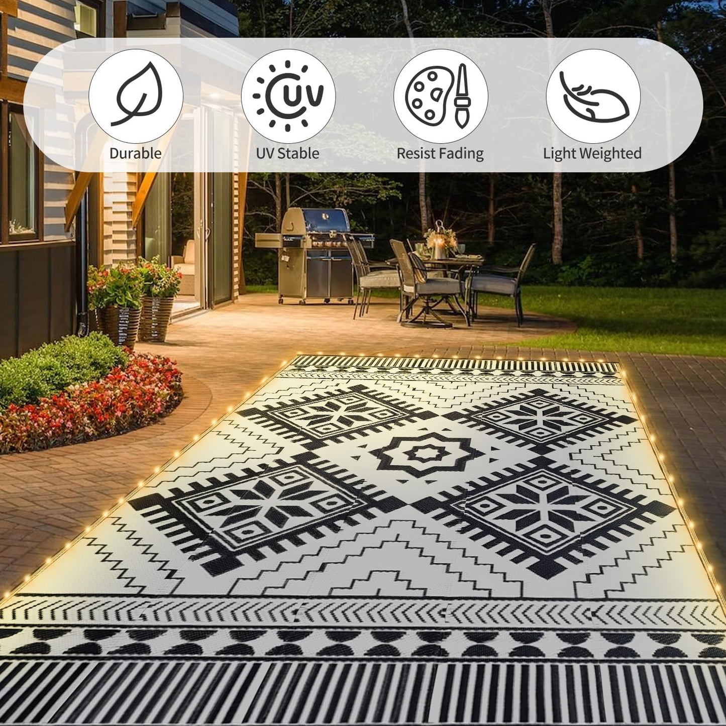 8x10ft Waterproof Outdoor Rug with LED Lights, Boho Reversible Plastic Straw Mat for Patio RV Camping Picnic Balcony Beach Deck Indoor Outdoor Carpet, Black&White