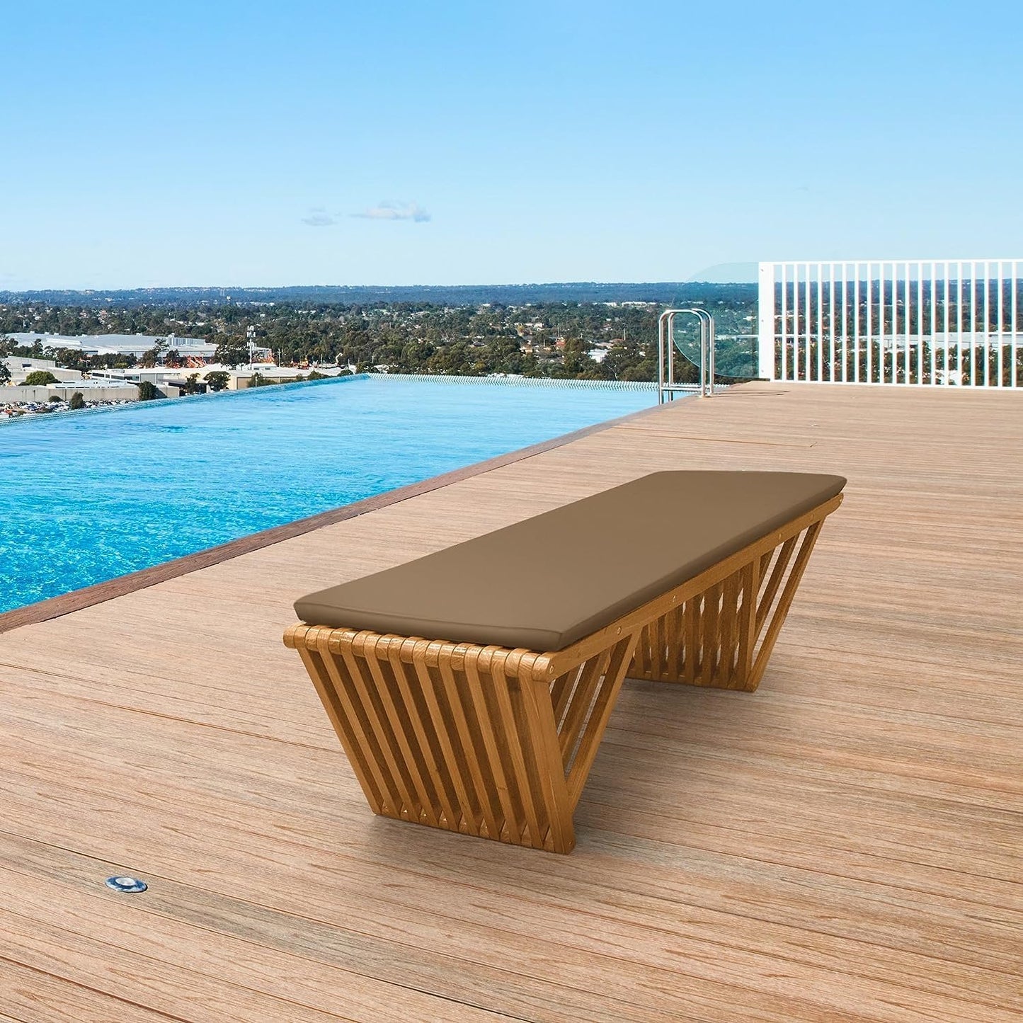 Mega Casa Outdoor Wooden Bench with Weatherproof Cushion, Solid Fir Wood, Coating with Wood Varnish, 3-Seater, for Patio, Porch, Yard, Garden, 62.8 inches (Teak Tone)