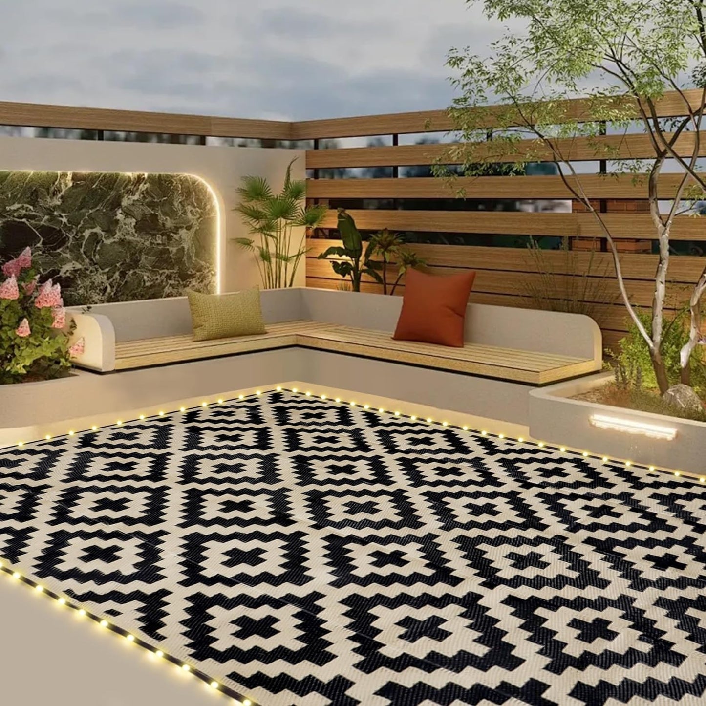 SAND MINE Reversible Mats with Led Strip Lights, Plastic Straw Rug, Modern Area Rug, Large Floor Mat for Outdoors, Patio, Backyard, Deck, Picnic, Camping, Black & Beige, 8' x 10'