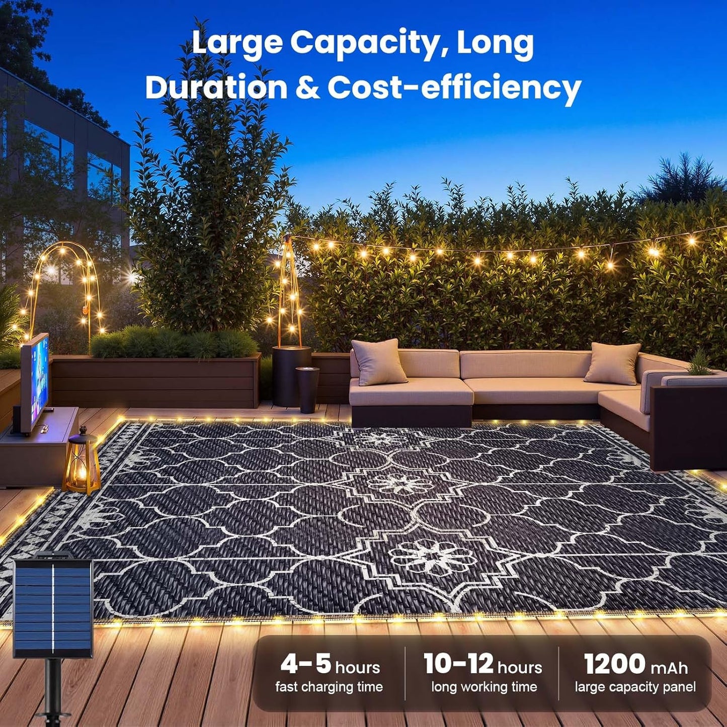 9x12Ft Outdoor Rug, Solar Powered Outdoor Rug with 131LEDs Strip Lights for House Deck, Waterproof Plastic Reversible Outdoor Straw Rugs, Rugs Mat RV Camping Patio Beach Balcony Picnic (Blue White)