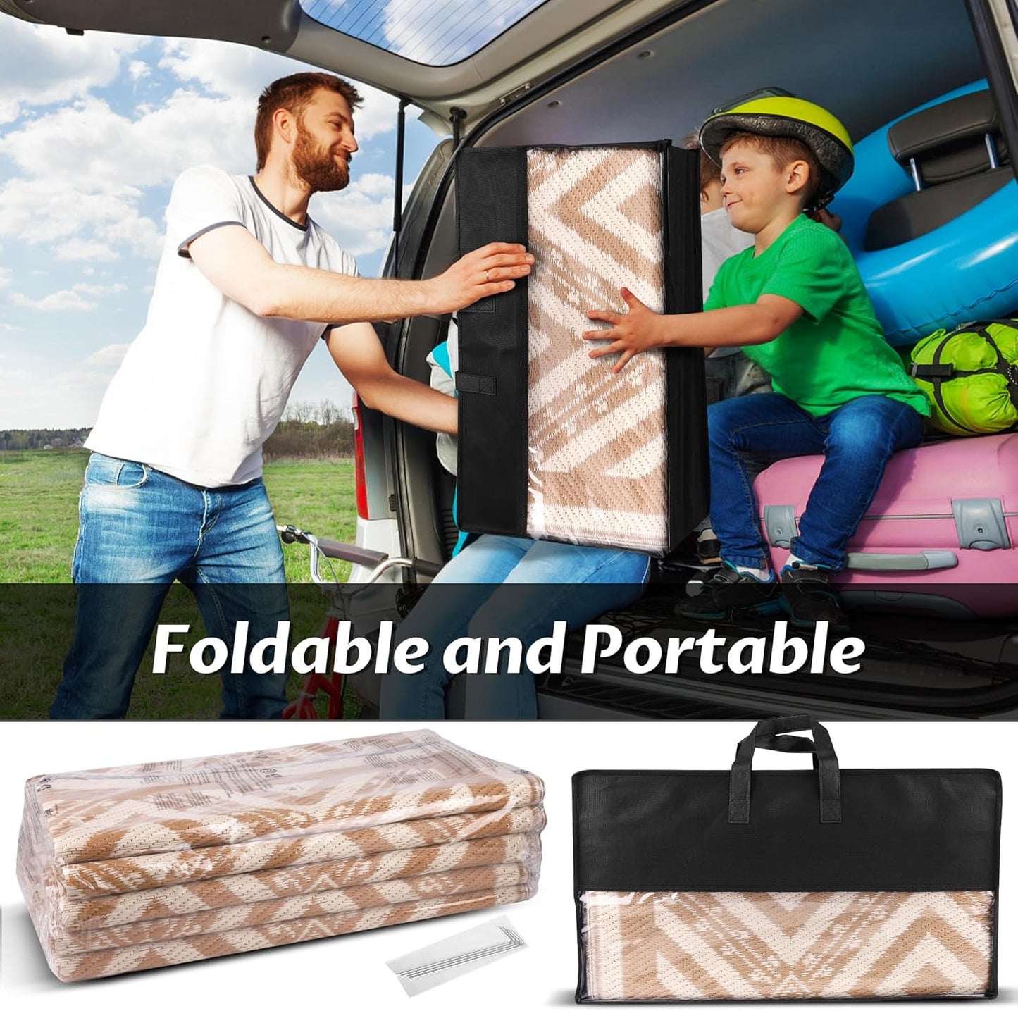 RV Outdoor Rug with Lights 8x10ft, Outdoor Camping Rug, Waterproof, Easy Cleaning, Non Shedding, Foldable and Portable, Reversible Mats for RV, Deck, Beach, Camping, Patio, Picnic (Brown & White)