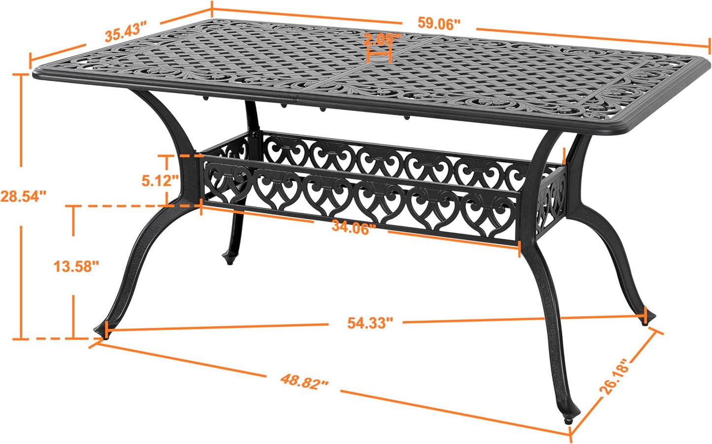 NUU GARDEN 60" Outdoor Dining Table with 2.09" Umbrella Hole, All Weather Cast Aluminum Outdoor Patio Table, 6-8 Person Rectangle Dining Table, Backyard Bistro Table for Garden, Poolside, Black
