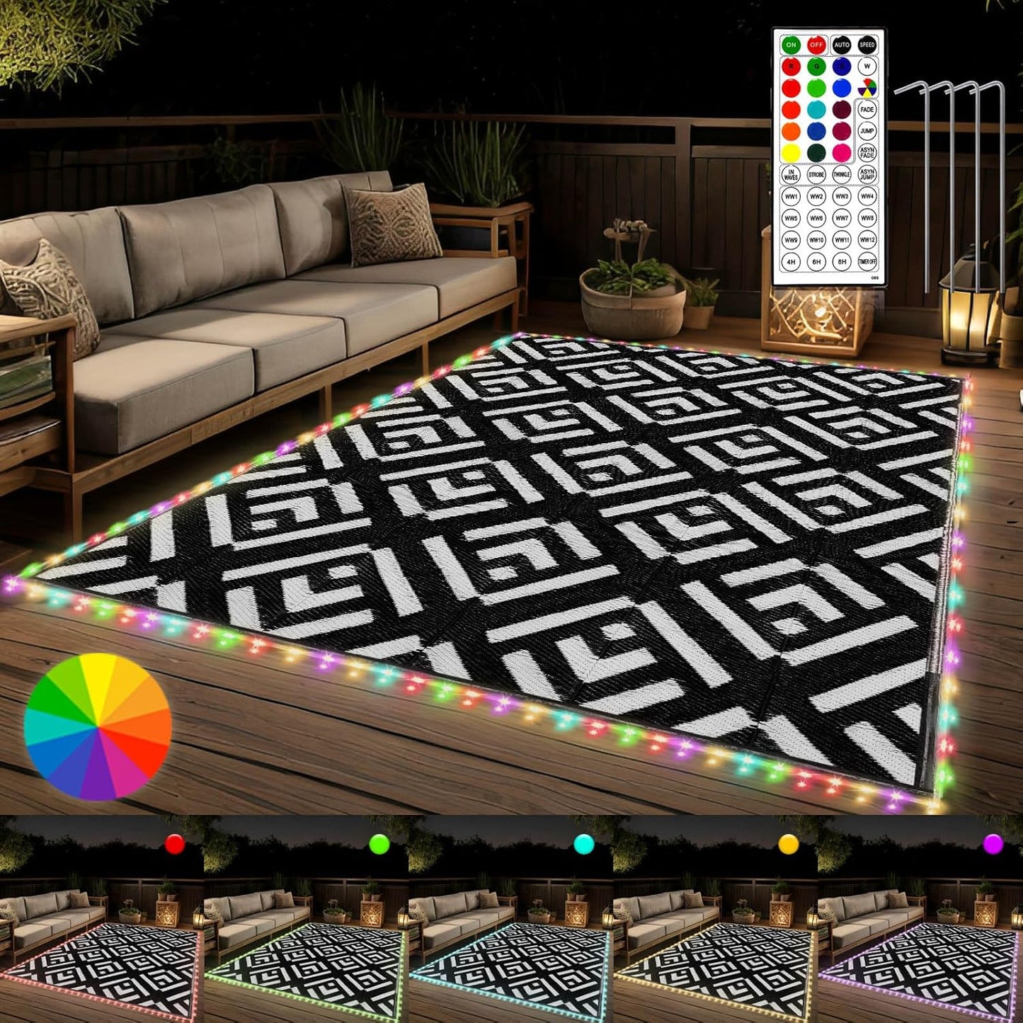 Outdoor Rug 6x9Ft, Solar Powered Outdoor Camping Rug with 94LEDs Strip Lights, Waterproof Plastic Reversible Outdoor Straw Rugs, Rugs Mat for RV Camping Patio Beach Balcony House Deck Picnic