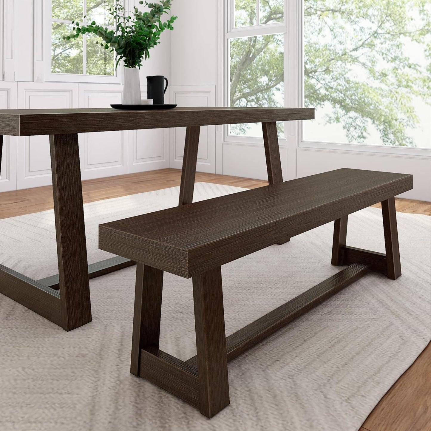 Plank+Beam 60 Inch Farmhouse Dining Bench, Solid Wood Entryway Bench, Wooden Outdoor Bench, Kitchen Dining Seat, Dining Room, Home Office, Living Room Furniture, Easy Assembly, Pecan Wirebrush