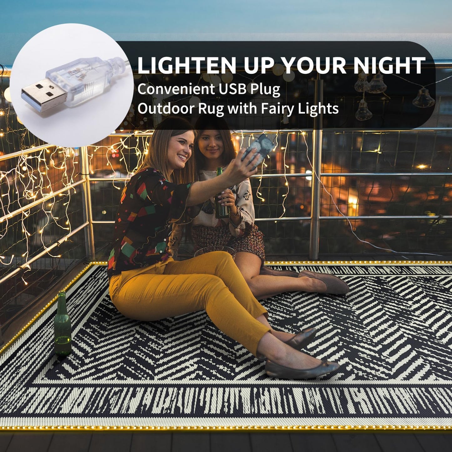 COCOER Outdoor Rug-8x10 Waterproof Patio Rug with LED Strip Lights-Reversible Outdoor Carpet Plastic Straw Outside Rug for RV Porch Balcony