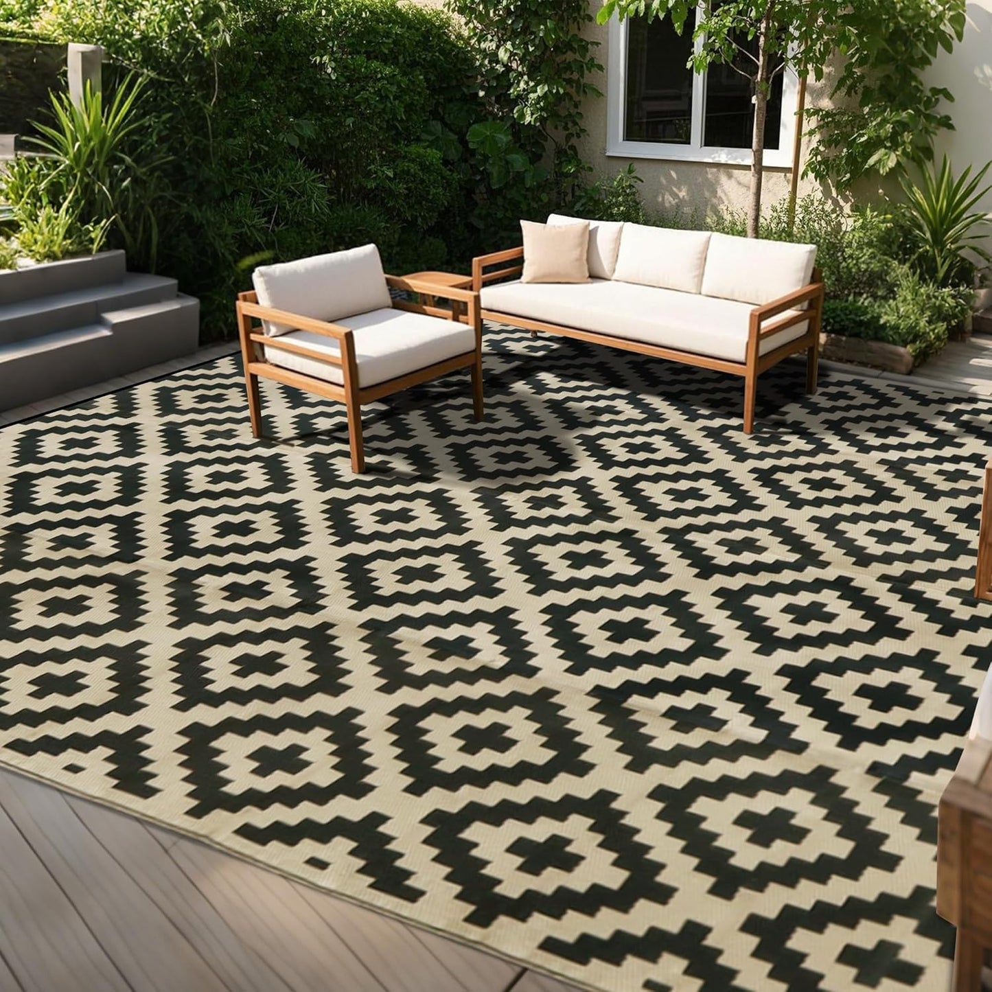 SAND MINE Reversible Mats with Led Strip Lights, Plastic Straw Rug, Modern Area Rug, Large Floor Mat for Outdoors, Patio, Backyard, Deck, Picnic, Camping, Black & Beige, 8' x 10'