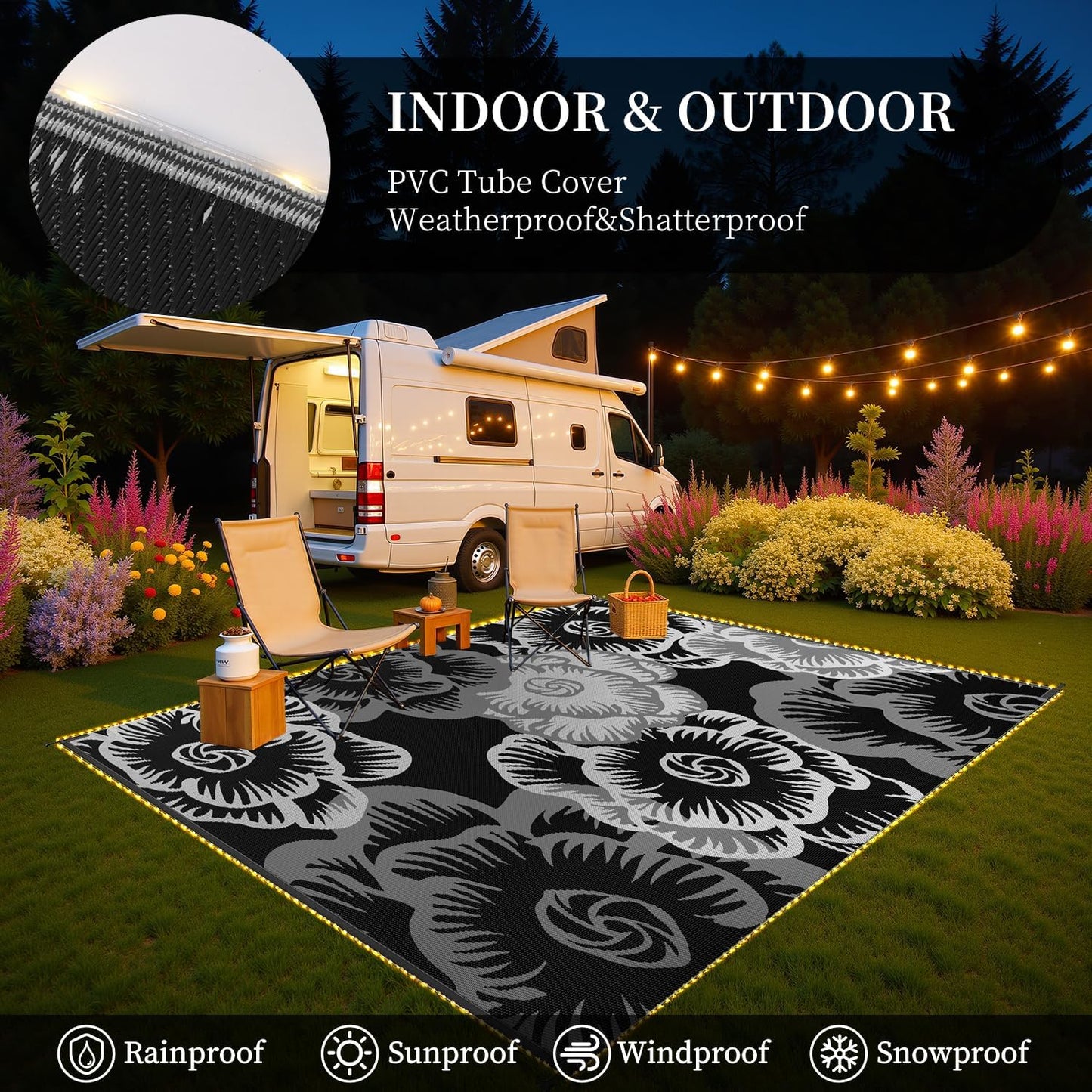MontVoo Outdoor Rug with Led String Strip Lights 6x9ft Waterproof Outdoor Patio Rug Mat Reversible Plastic Straw Rug Outside Outdoor Rug for RV Camping Picnic Balcony Backyard Fairy Outdoor Decor
