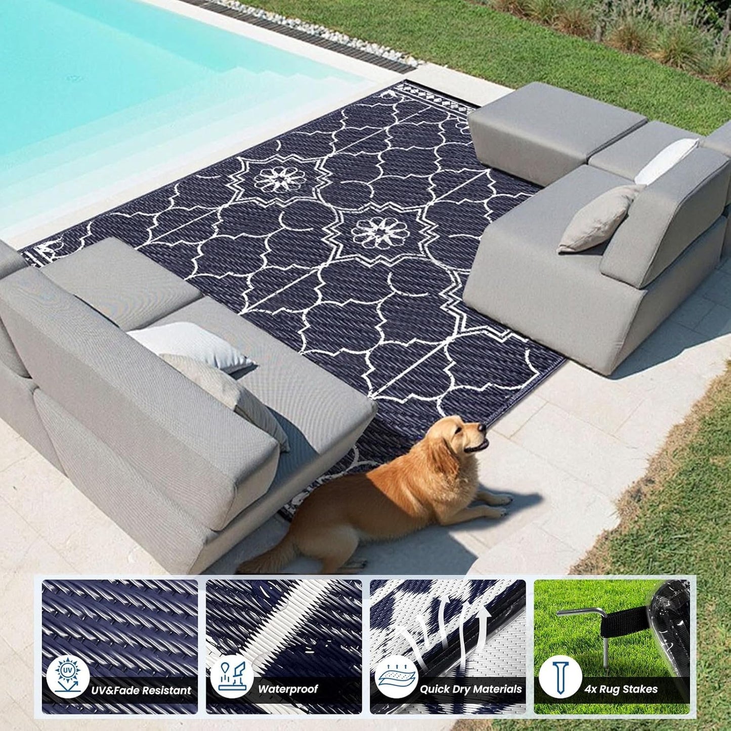 9x12Ft Outdoor Rug, Solar Powered Outdoor Rug with 131LEDs Strip Lights for House Deck, Waterproof Plastic Reversible Outdoor Straw Rugs, Rugs Mat RV Camping Patio Beach Balcony Picnic (Blue White)
