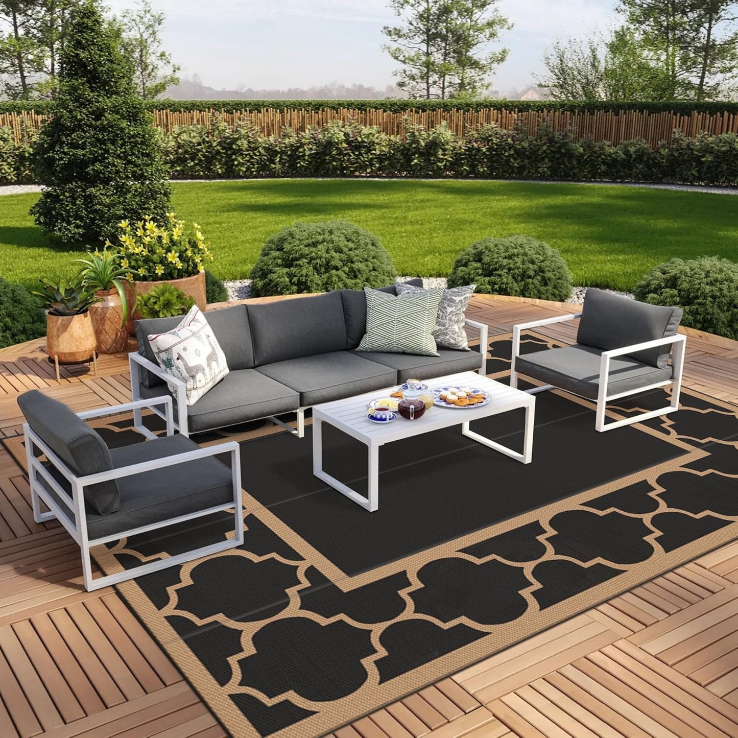 GENIMO 6' x 9' Outdoor Rug Waterproof for Patio Decor, Foldable Reversible Plastic Straw Area Rugs Mat with String Light, Led Carpet for Camper, Rv, Deck, Porch, Picnic, Beach, Balcony, Blue & White