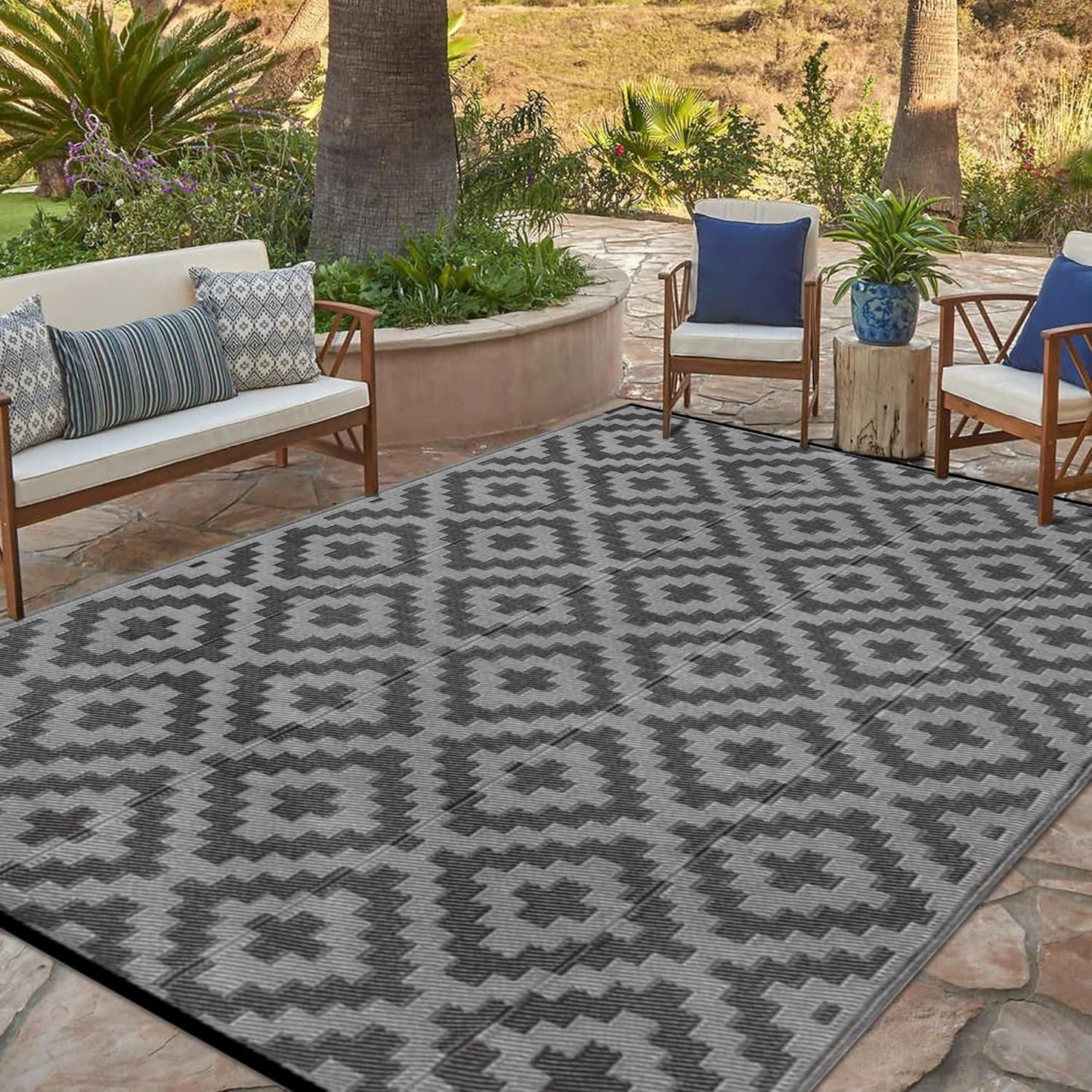SAND MINE Reversible Mats with Led Strip Lights, Plastic Straw Rug, Modern Area Rug, Large Floor Mat for Outdoors, Patio, Backyard, Deck, Picnic, Camping, Black & Beige, 8' x 10'