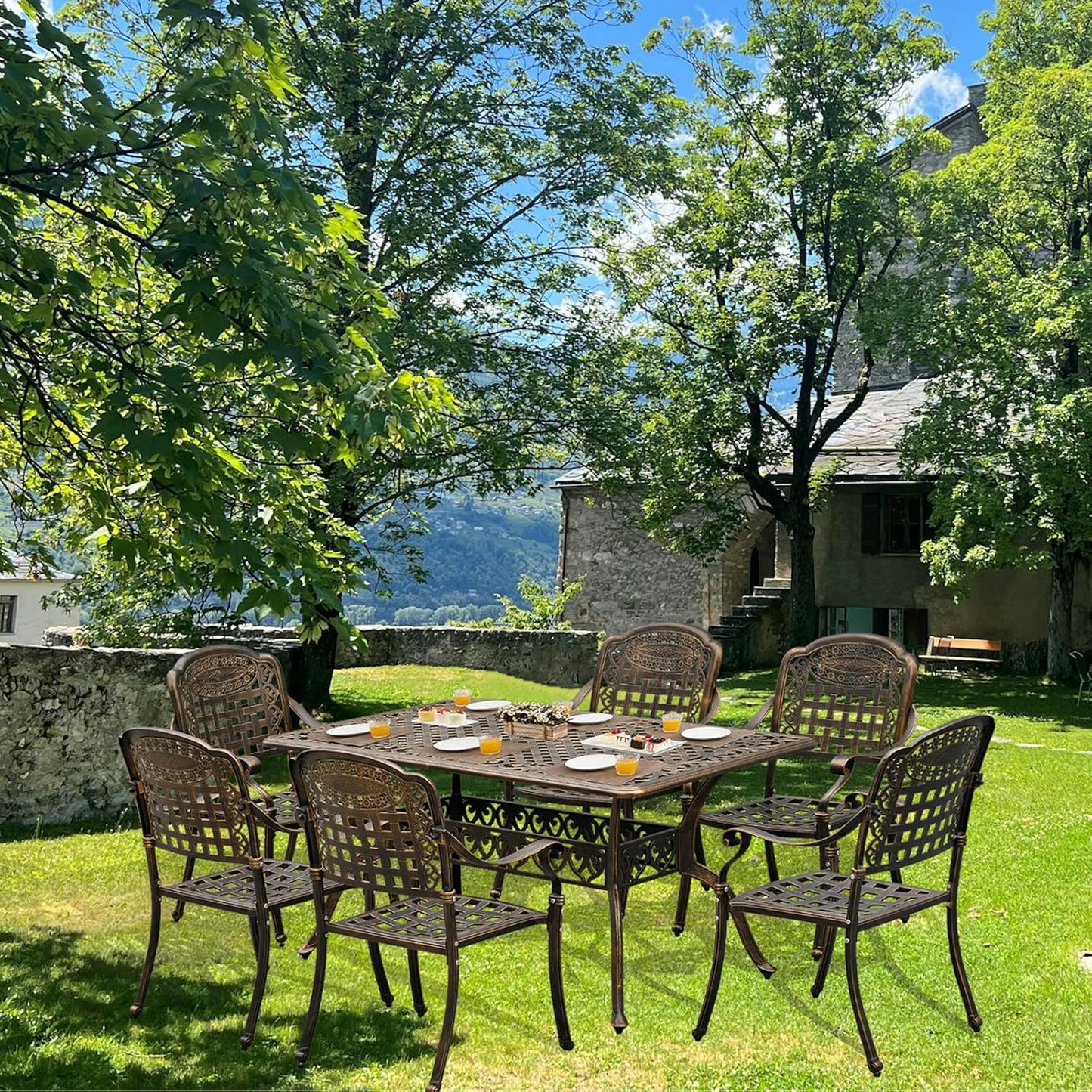 60" Large Outdoor cast Aluminum Patio Dining Table, Rectangular Outdoor Bistro Dining Table for 6 Person, for Garden (Bronze, Rectangle 60")