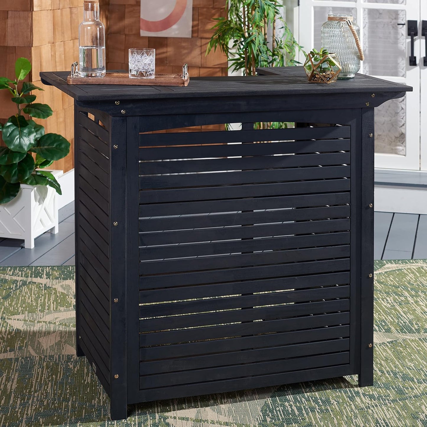 SAFAVIEH Outdoor Collection Monterey 42-inch Black Acacia Wood Slatted Bar Table