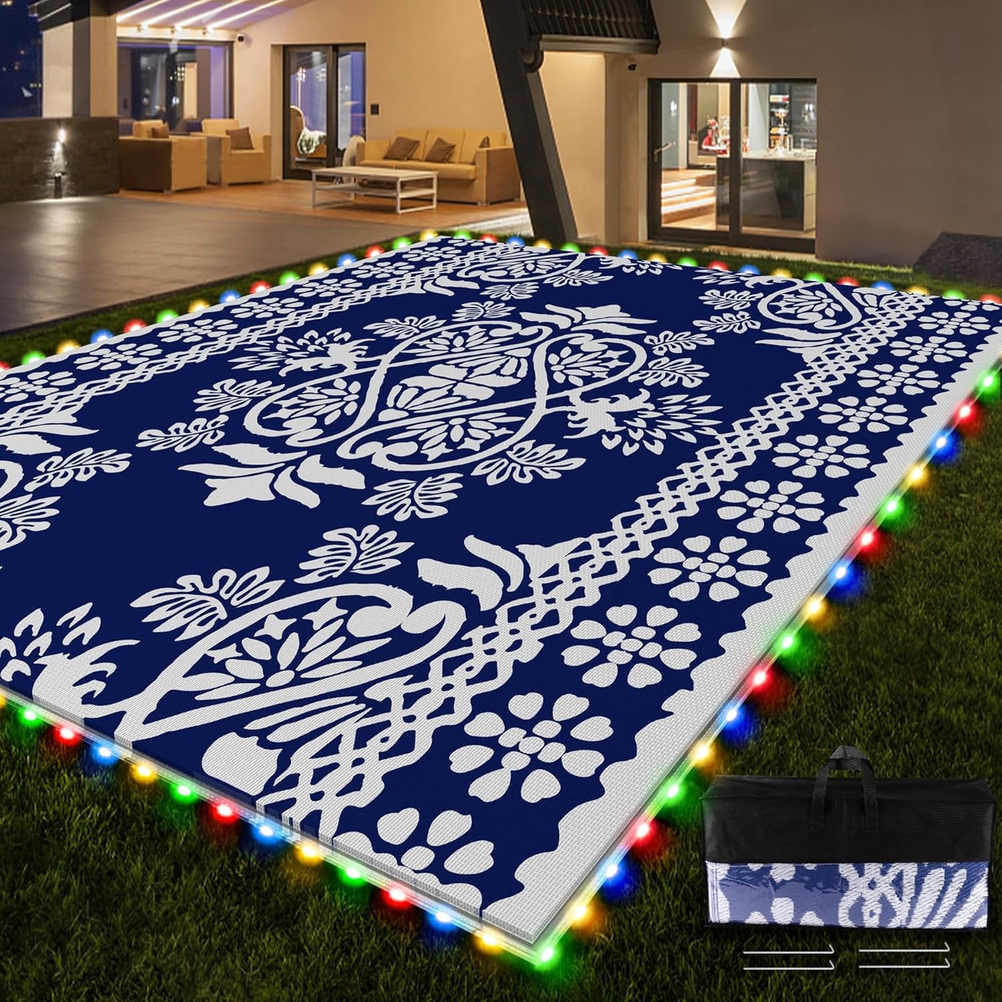 RV Outdoor Rug with Lights 8x10ft, Outdoor Camping Rug, Waterproof, Easy Cleaning, Non Shedding, Foldable and Portable, Reversible Mats for RV, Deck, Beach, Camping, Patio, Picnic (Brown & White)
