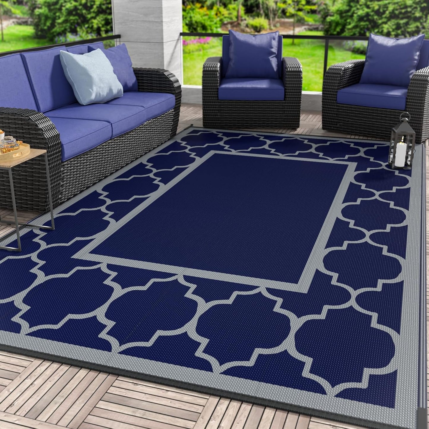 GENIMO 6' x 9' Outdoor Rug Waterproof for Patio Decor, Foldable Reversible Plastic Straw Area Rugs Mat with String Light, Led Carpet for Camper, Rv, Deck, Porch, Picnic, Beach, Balcony, Blue & White