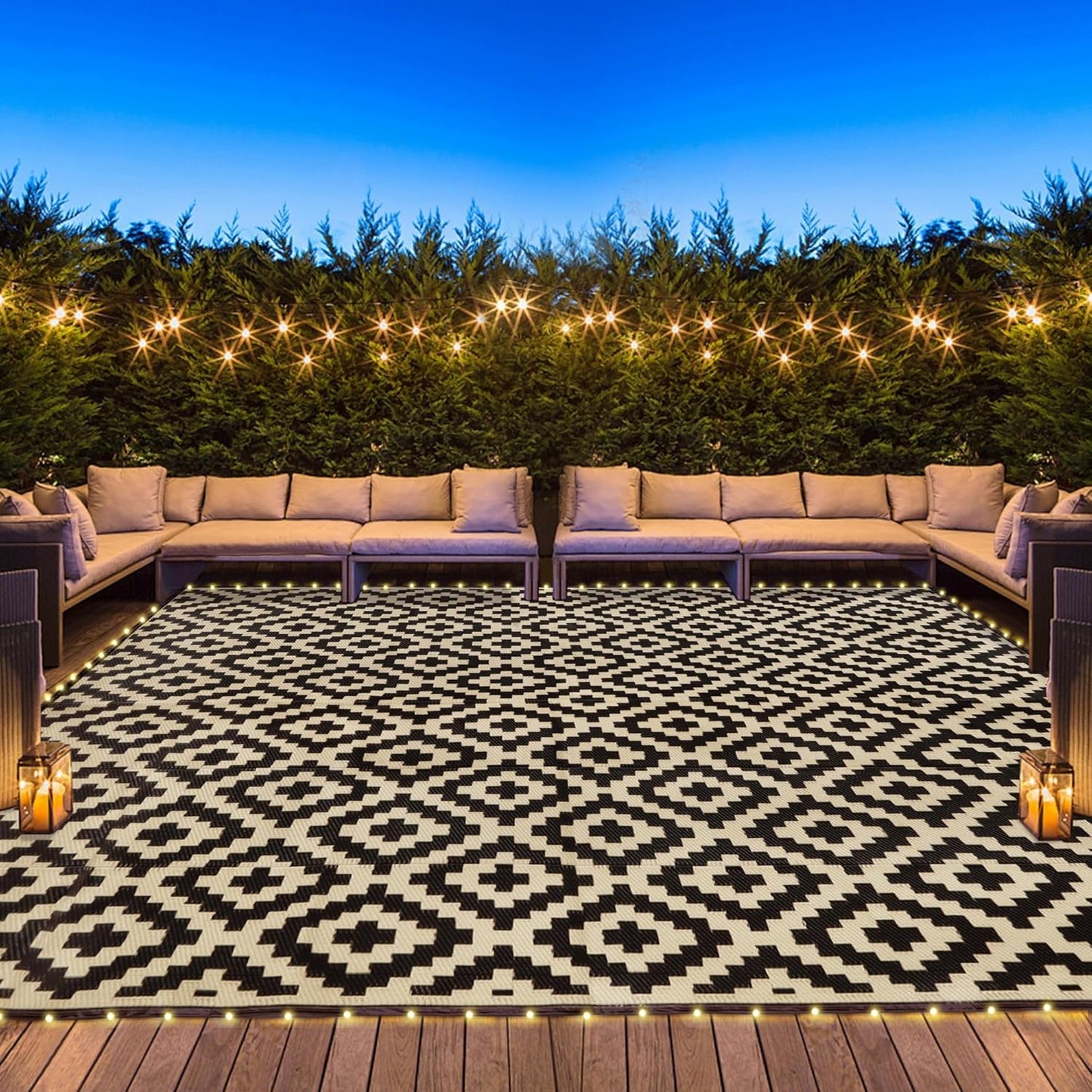 SAND MINE Reversible Mats with Led Strip Lights, Plastic Straw Rug, Modern Area Rug, Large Floor Mat for Outdoors, Patio, Backyard, Deck, Picnic, Camping, Black & Beige, 8' x 10'