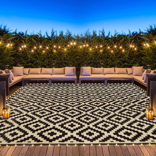 SAND MINE Reversible Mats with Led Strip Lights, Plastic Straw Rug, Modern Area Rug, Large Floor Mat for Outdoors, Patio, Backyard, Deck, Picnic, Camping, Black & Beige, 8' x 10'