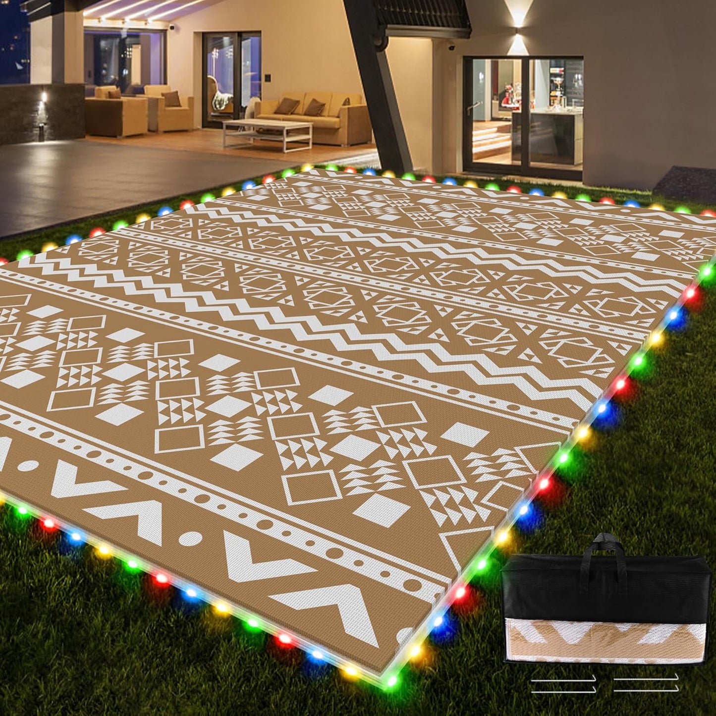 RV Outdoor Rug with Lights 8x10ft, Outdoor Camping Rug, Waterproof, Easy Cleaning, Non Shedding, Foldable and Portable, Reversible Mats for RV, Deck, Beach, Camping, Patio, Picnic (Brown & White)